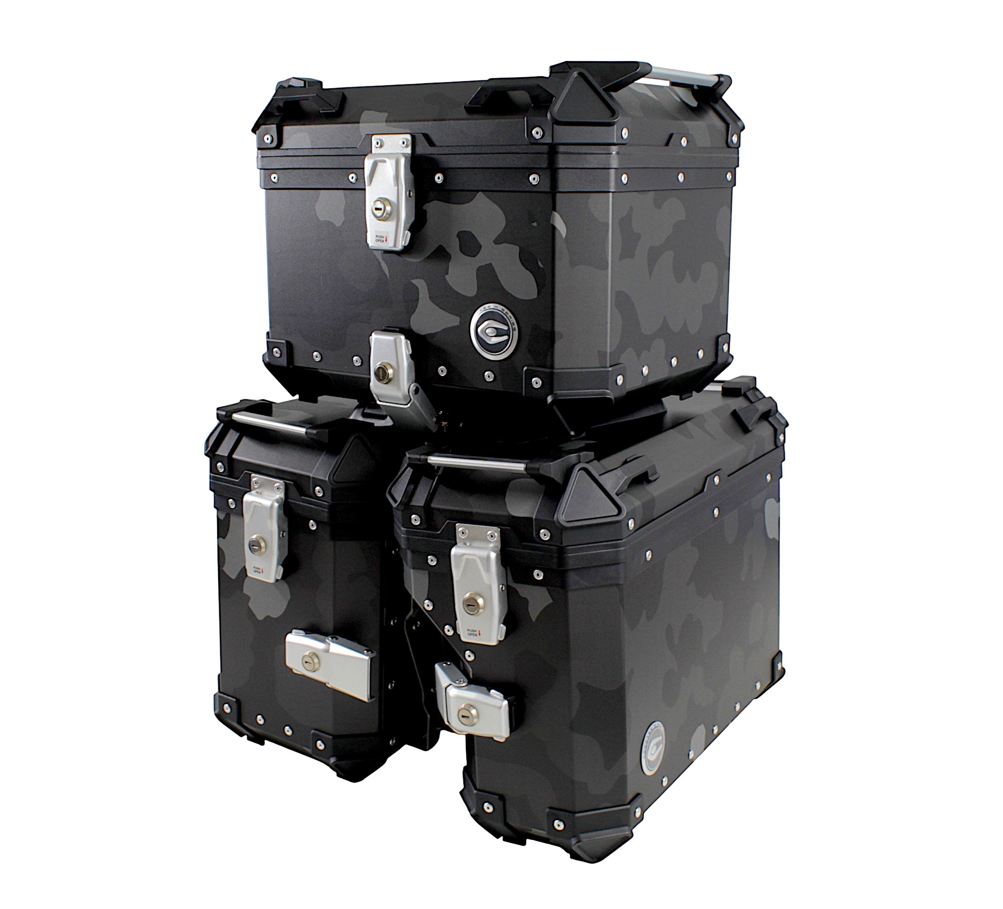 ZESTAW 3 KUFRÓW ALUMINIOWYCH (30L ASYMETRYCZNY + 36L + 45L) COOCASE SZARY CAMO Z TORBĄ WEWNĘTRZNĄ