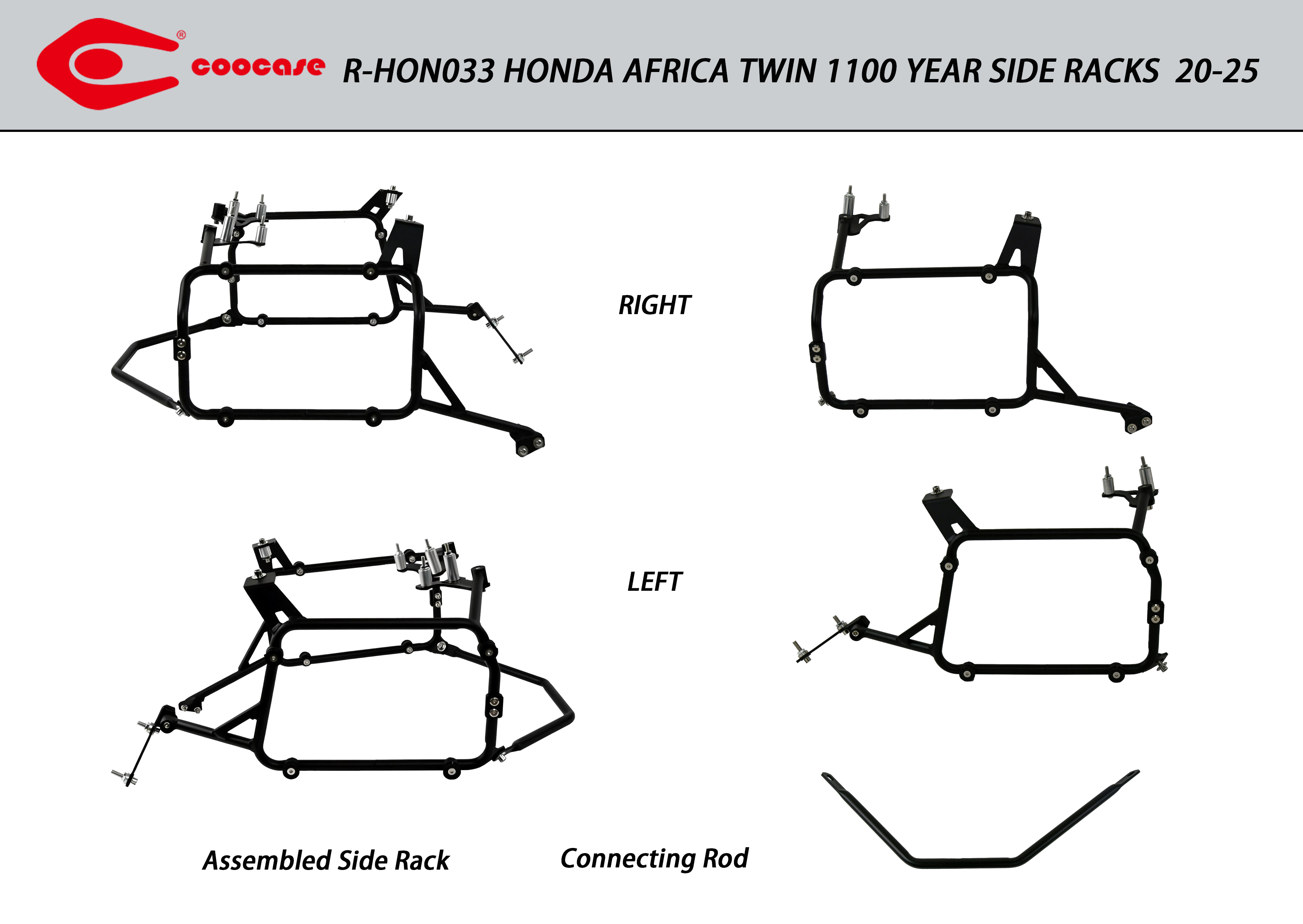 ZESTAW STELAŻY KUFER CENTRALNY + BOCZNE COOCASE HONDA AFRICA TWIN 1100 2020-2025 PRAWY KUFER ASYMETRYCZNY