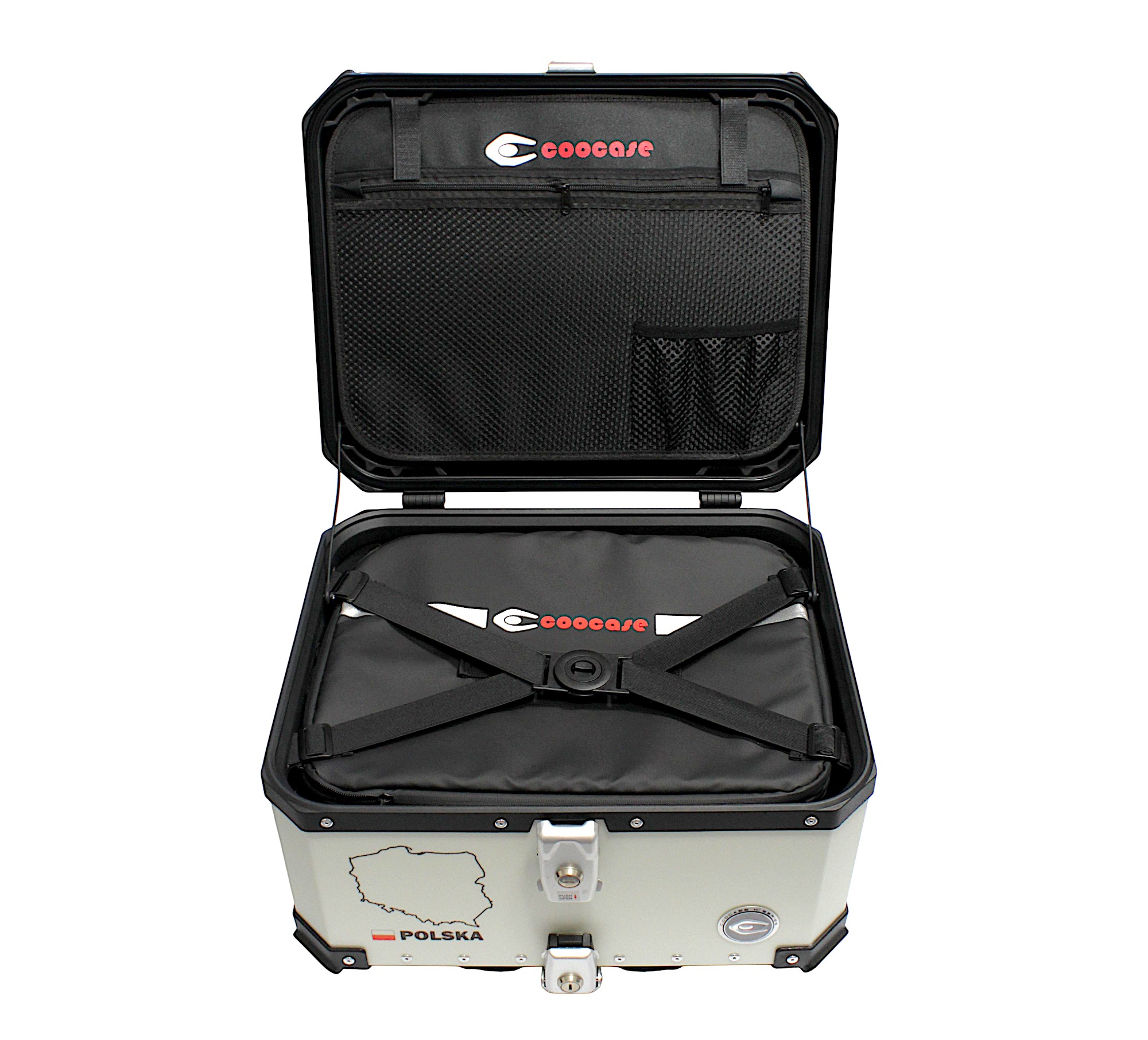 KUFER CENTRALNY ALUMINIOWY COOCASE 55L SREBRNY Z MAPĄ PL + TORBĄ WEWNĘTRZNĄ