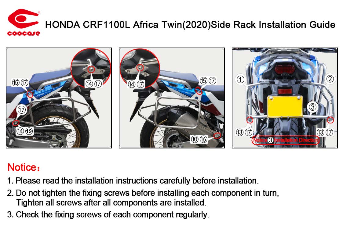ZESTAW STELAŻY KUFER CENTRALNY + BOCZNE COOCASE HONDA AFRICA TWIN 1100 2020-2025 PRAWY KUFER ASYMETRYCZNY