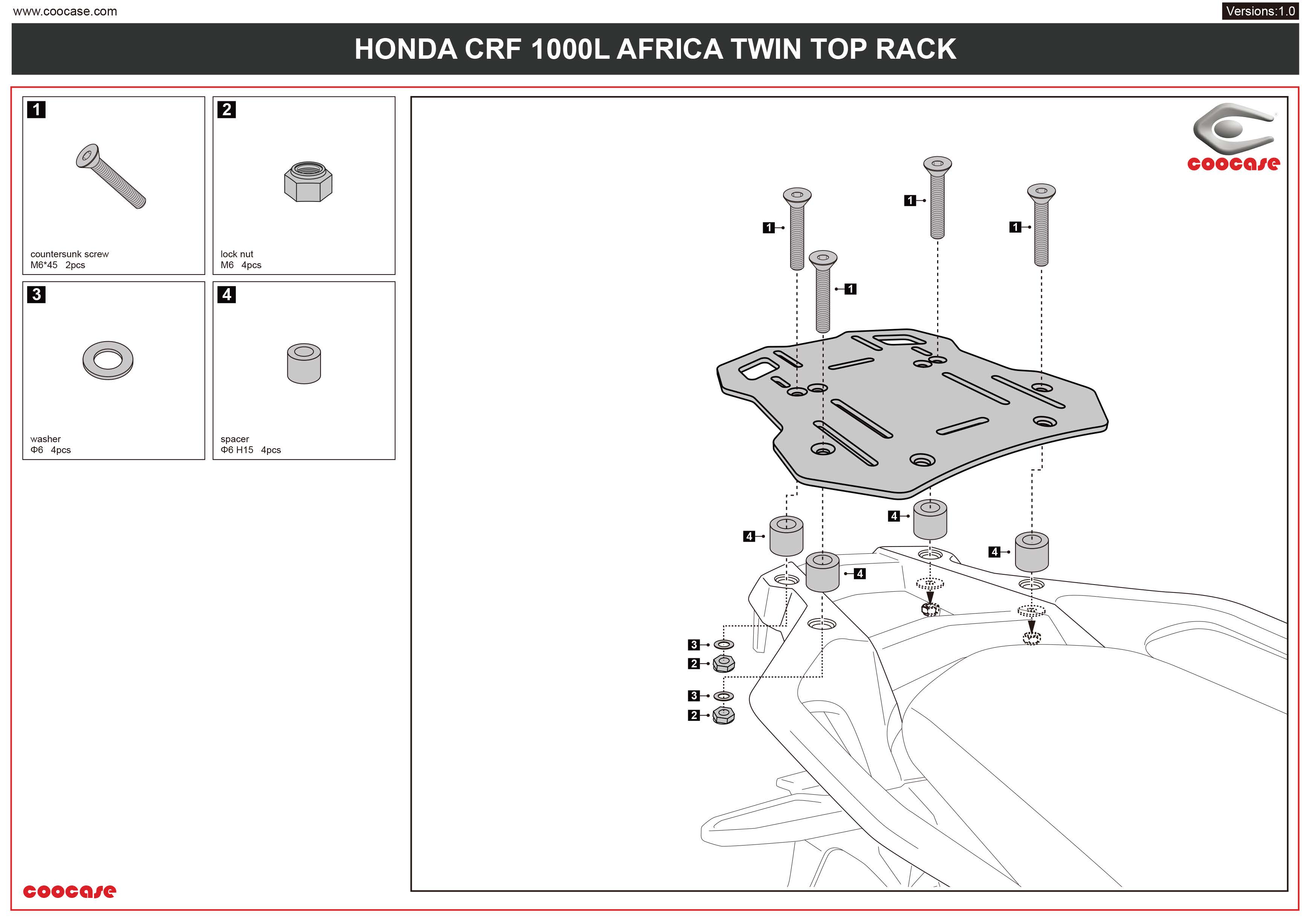 ZESTAW STELAŻY KUFER CENTRALNY + BOCZNE COOCASE HONDA AFRICA TWIN 1000 2016-2017 PRAWY KUFER ASYMETRYCZNY