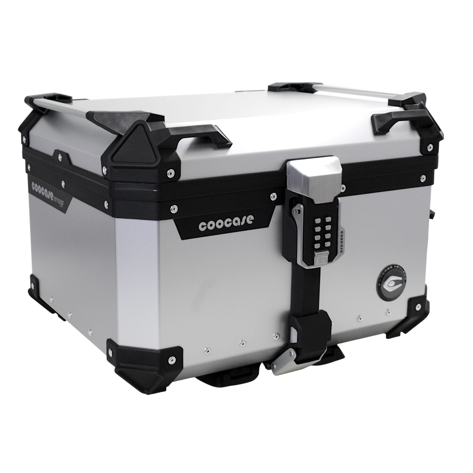 KUFER CENTRALNY ALUMINIOWY COOCASE 55L KEYLESS Z WYSUWANYM OPARCIEM SREBRNY