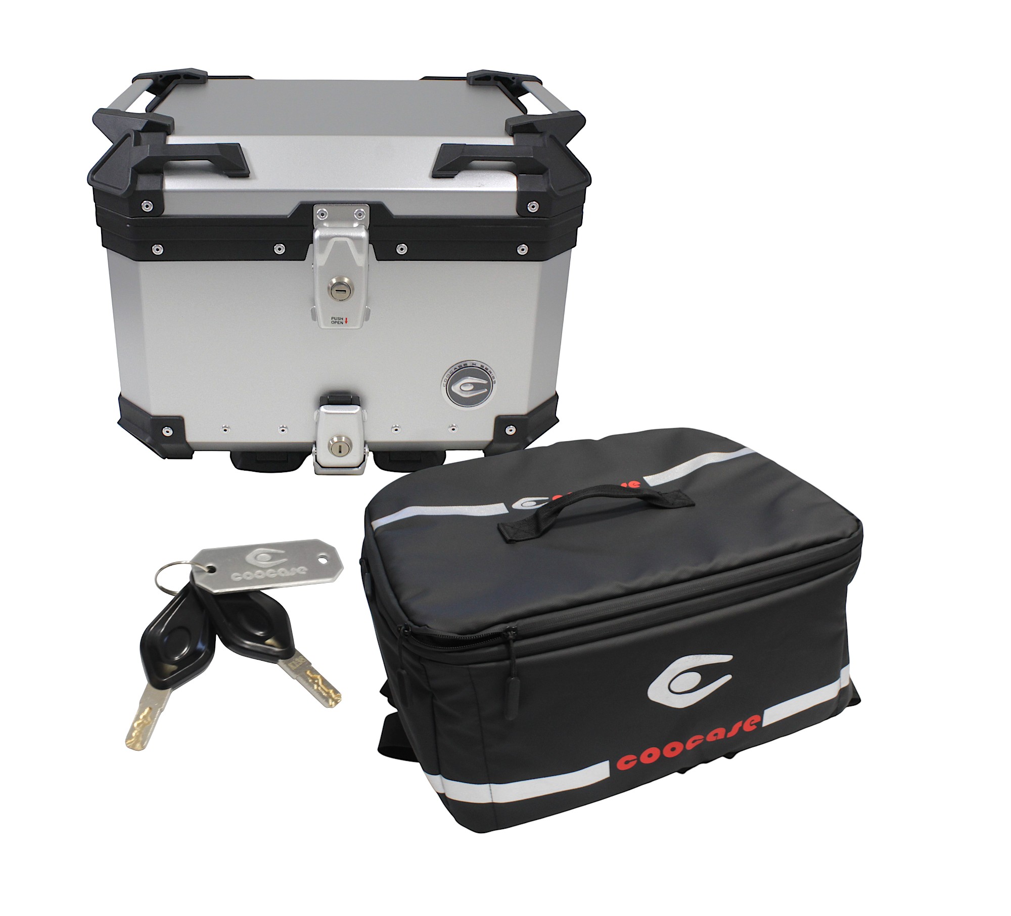 ZESTAW 3 KUFRÓW ALUMINIOWYCH (2X36L SYMETRYCZNE + 45L) COOCASE SREBRNY Z TORBĄ WEWNĘTRZNĄ