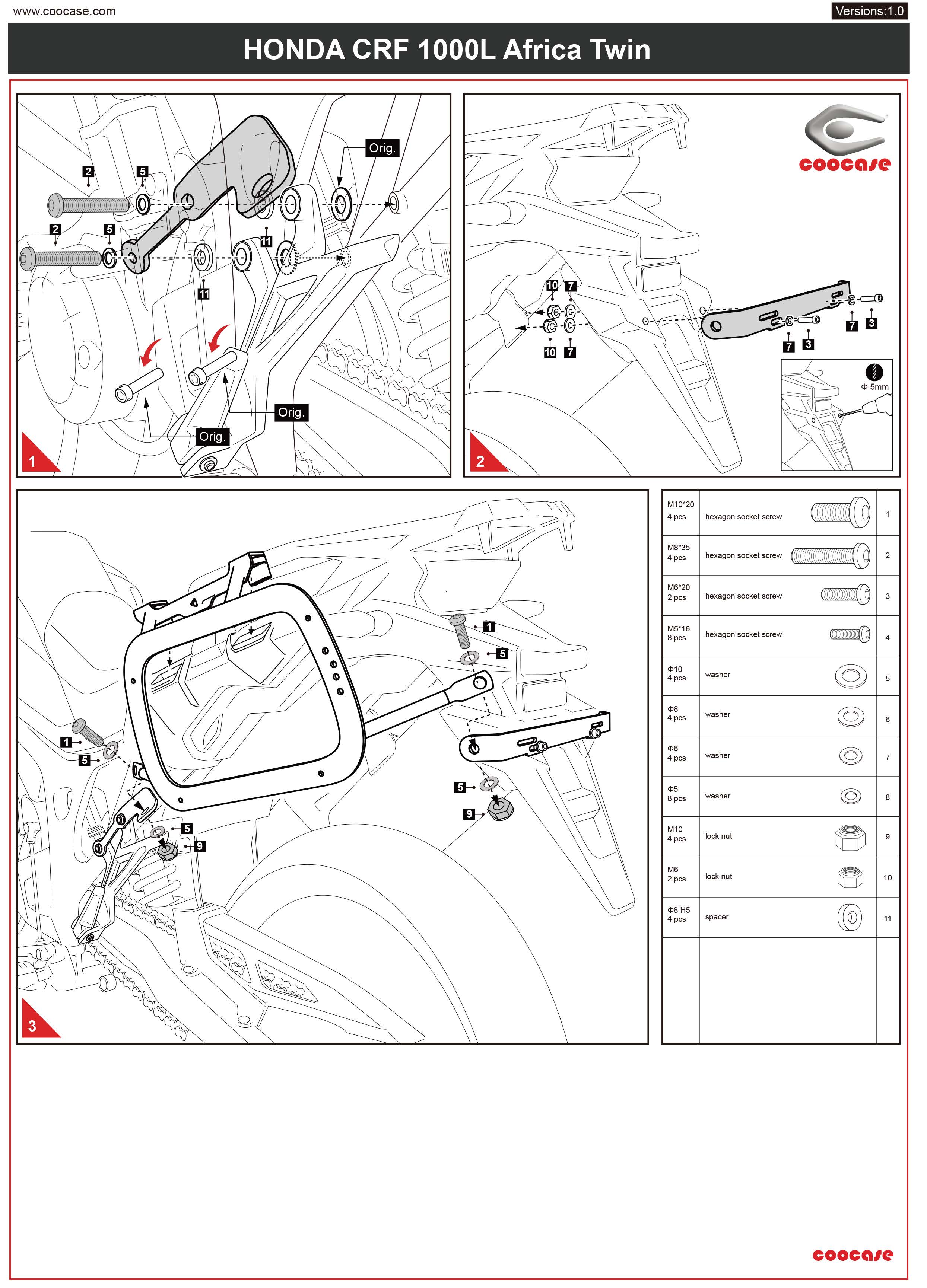 ZESTAW STELAŻY KUFER CENTRALNY + BOCZNE COOCASE HONDA AFRICA TWIN 1000 2016-2017 PRAWY KUFER ASYMETRYCZNY
