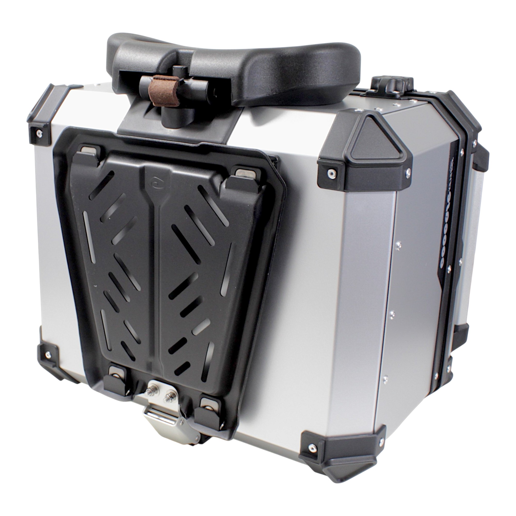 KUFER CENTRALNY ALUMINIOWY COOCASE 55L KEYLESS Z WYSUWANYM OPARCIEM SREBRNY