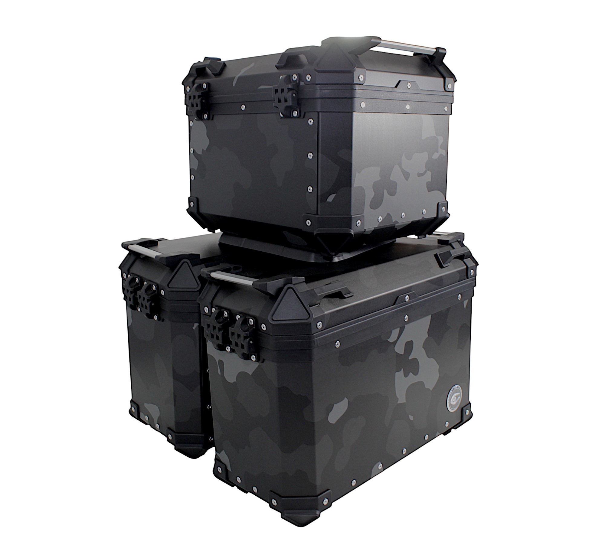 ZESTAW 3 KUFRÓW ALUMINIOWYCH (2X36L SYMETRYCZNE + 45L) COOCASE SZARY CAMO Z TORBĄ WEWNĘTRZNĄ