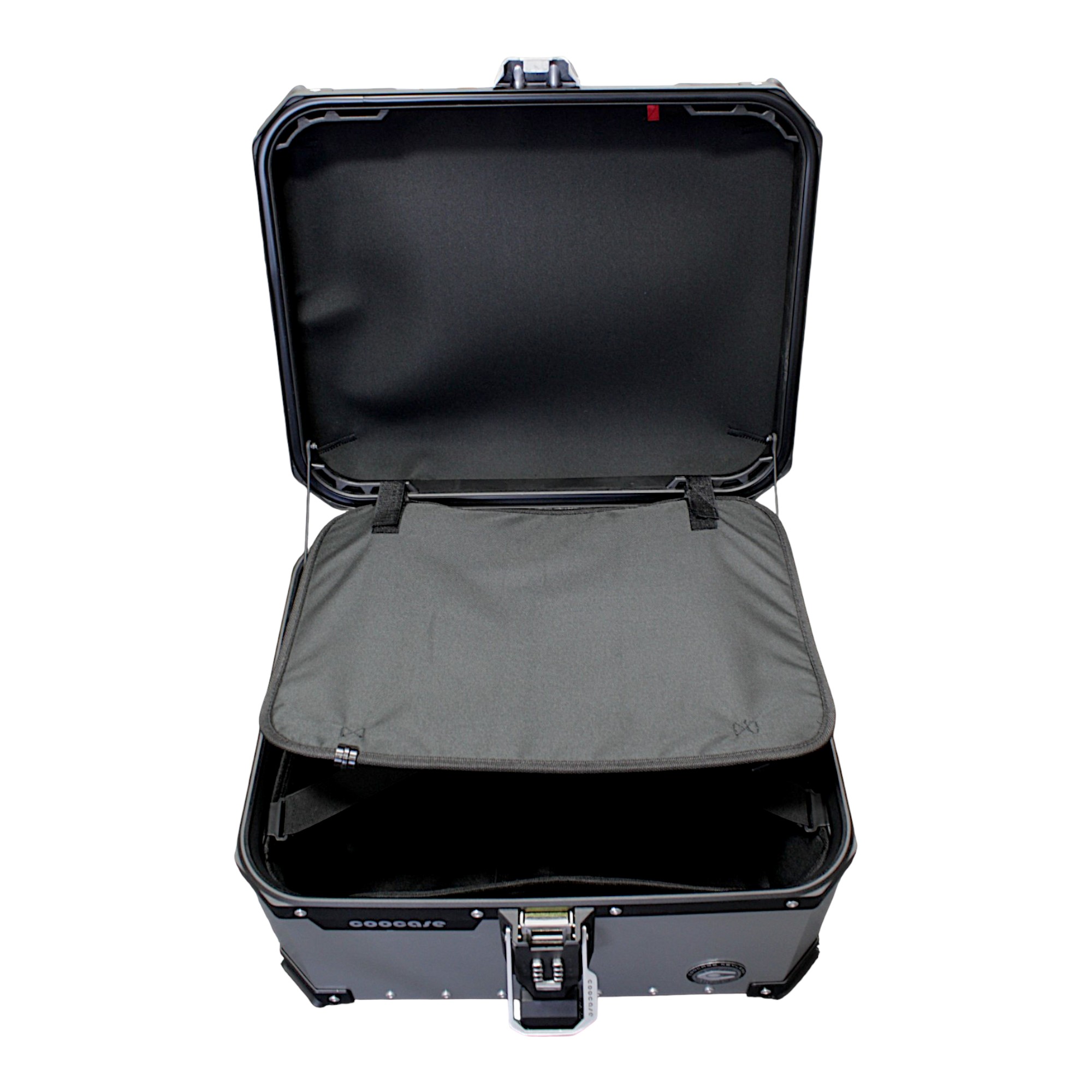 KUFER CENTRALNY ALUMINIOWY COOCASE 55L KEYLESS Z WYSUWANYM OPARCIEM SREBRNY
