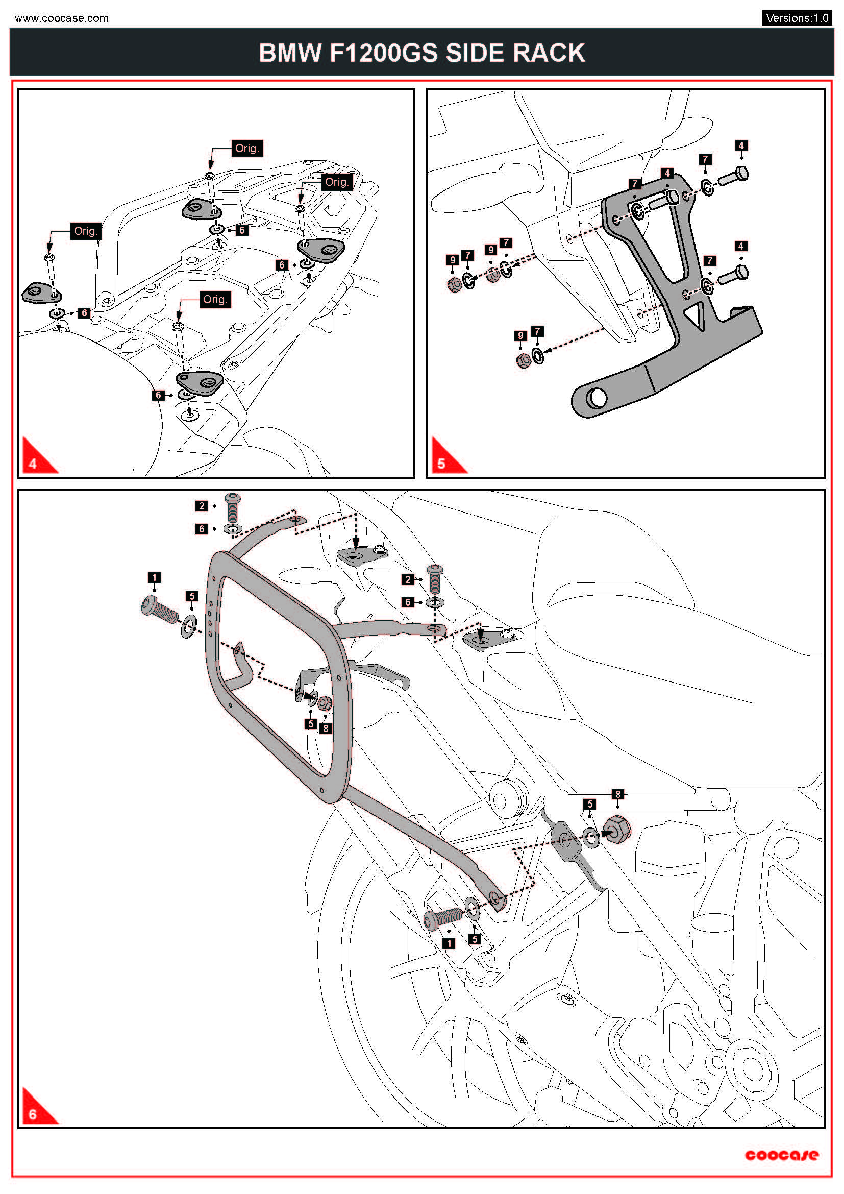 ZESTAW STELAŻY KUFER CENTRALNY + BOCZNE COOCASE BMW R1200GS/R1250GS 2010-2023 PRAWY KUFER ASYMETRYCZNY