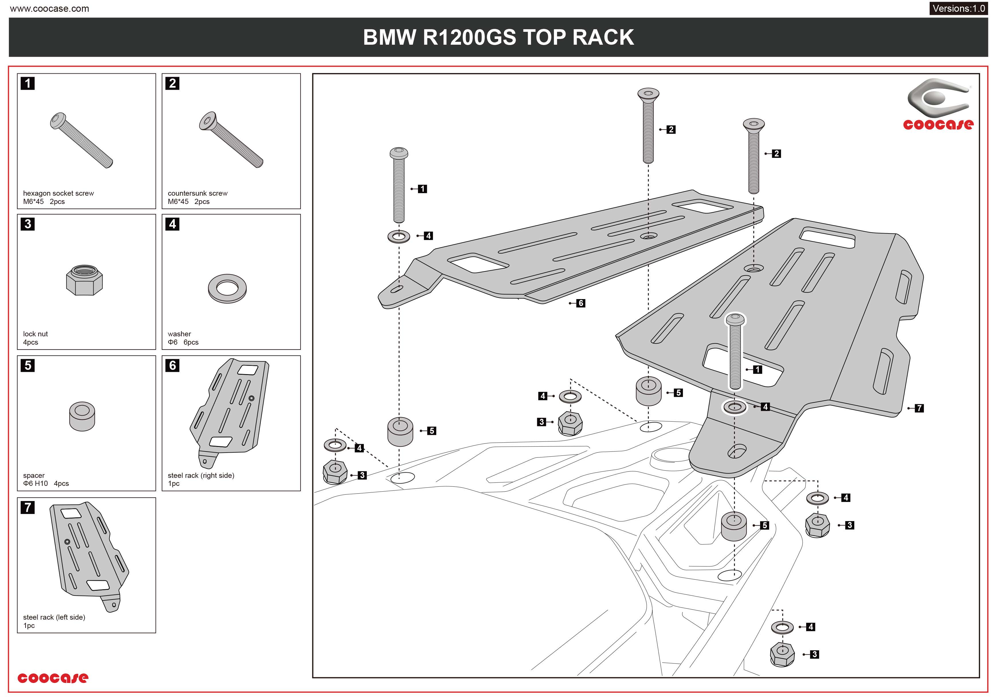 ZESTAW STELAŻY KUFER CENTRALNY + BOCZNE COOCASE BMW R1200GS/R1250GS 2010-2023 PRAWY KUFER ASYMETRYCZNY