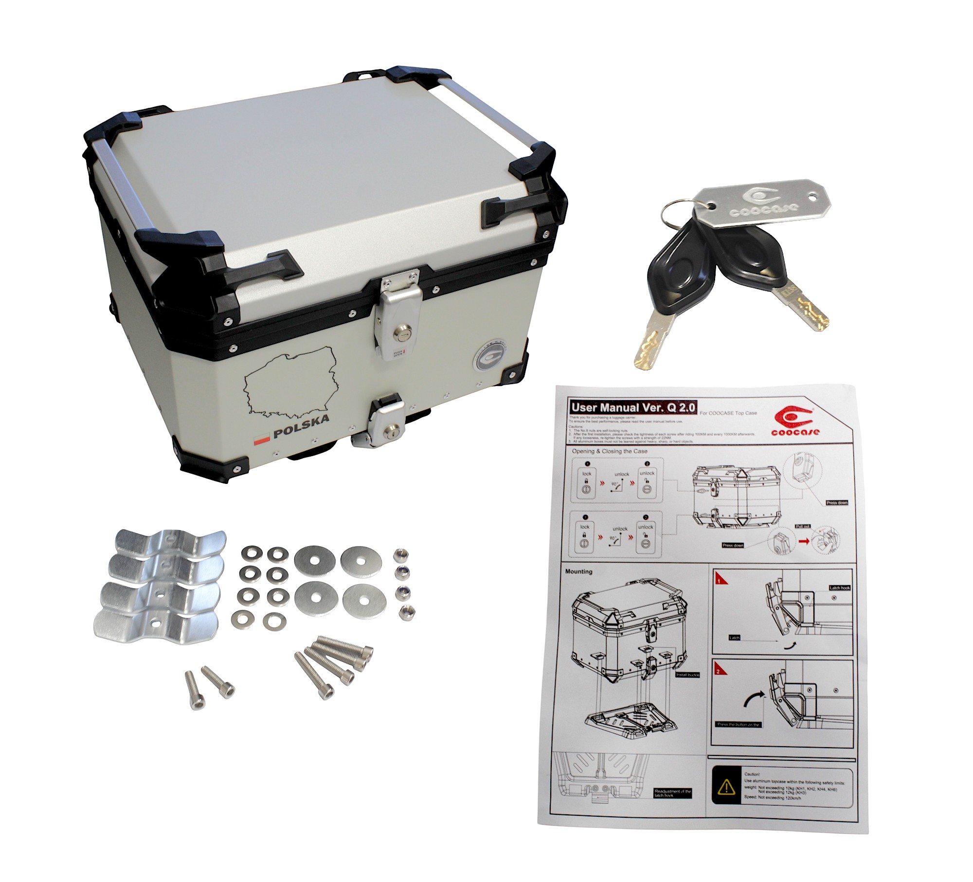 KUFER CENTRALNY ALUMINIOWY COOCASE 55L SREBRNY Z MAPĄ PL + TORBĄ WEWNĘTRZNĄ