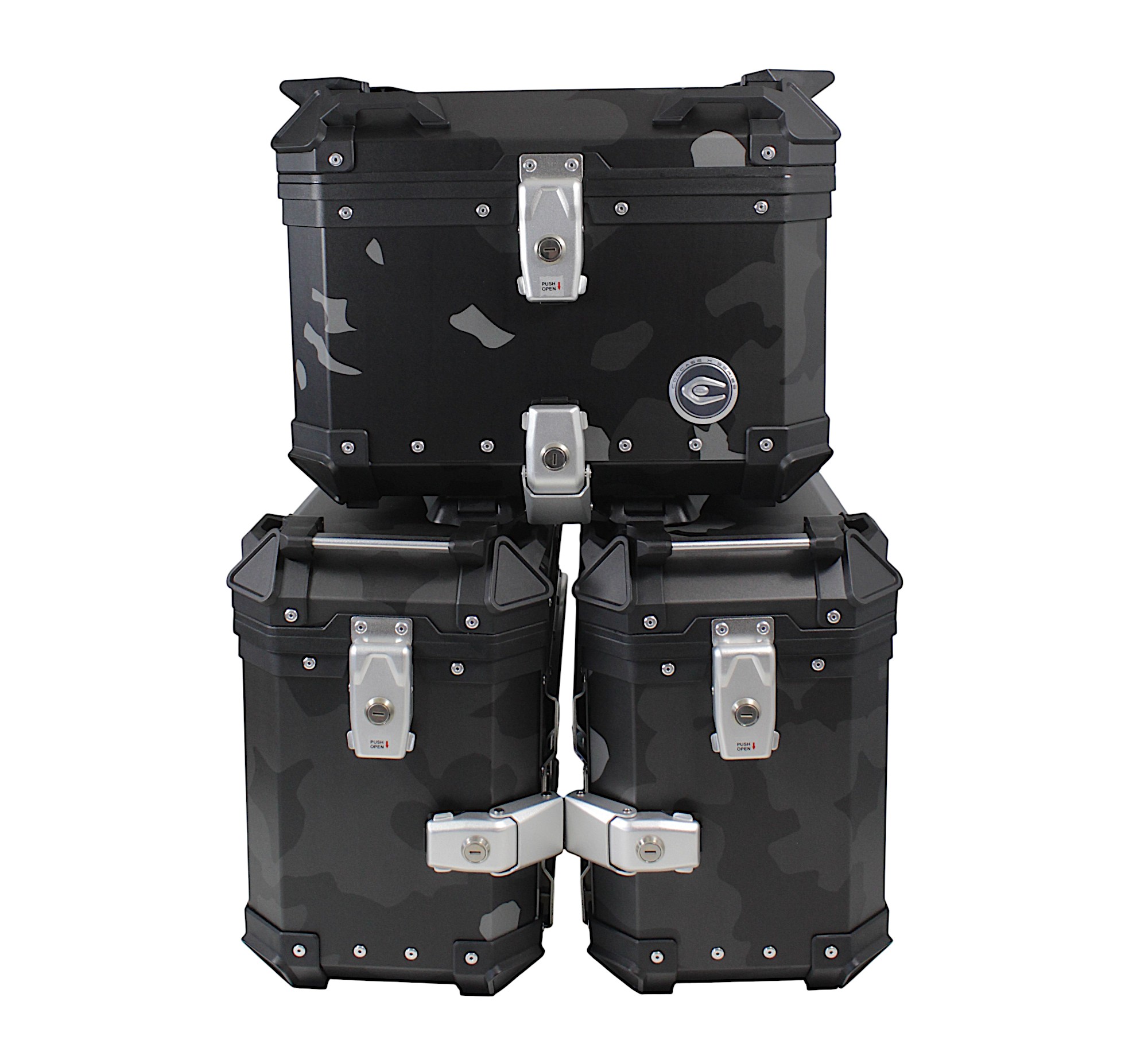 ZESTAW 3 KUFRÓW ALUMINIOWYCH (2X36L SYMETRYCZNE + 45L) COOCASE SZARY CAMO Z TORBĄ WEWNĘTRZNĄ