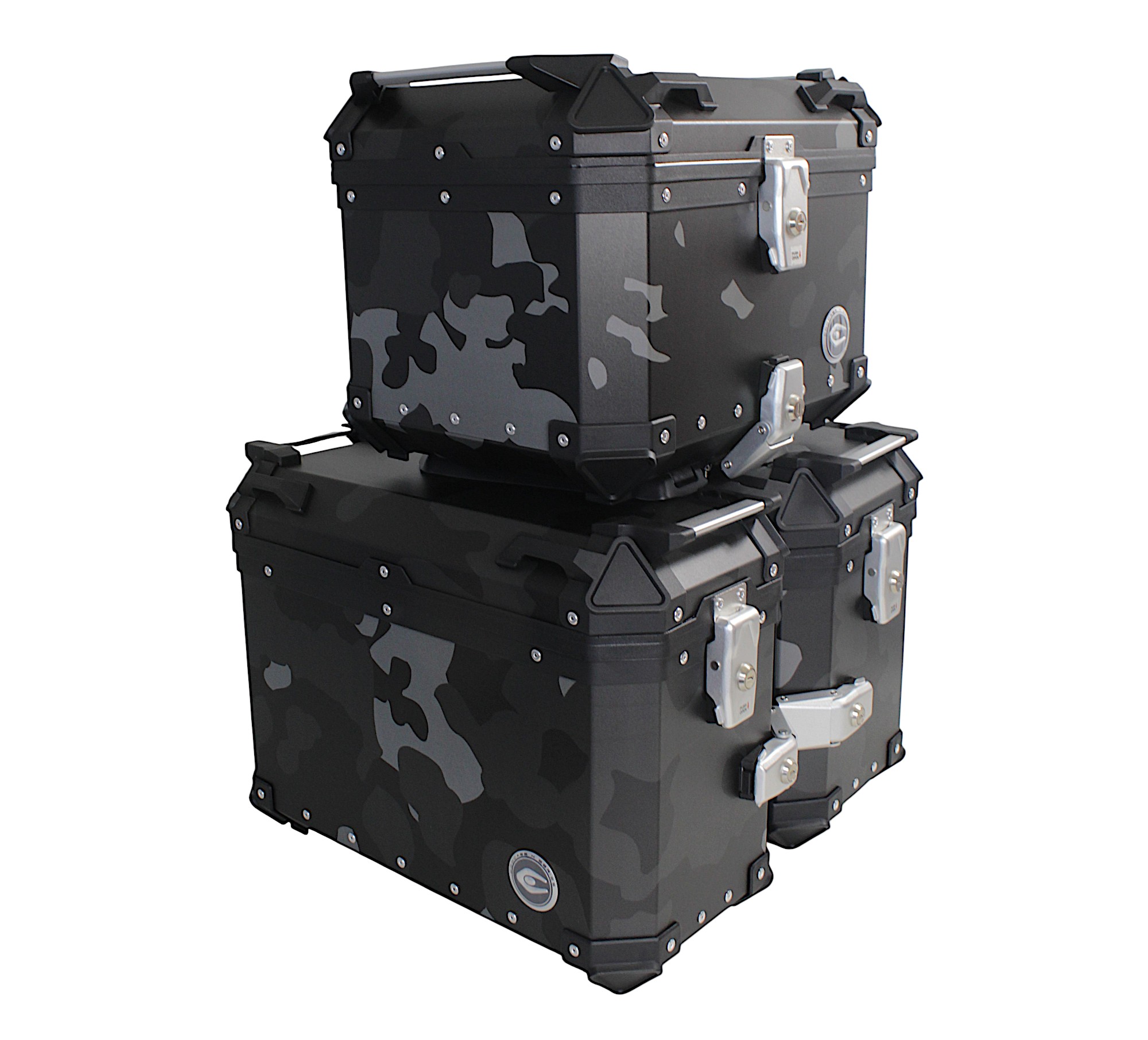ZESTAW 3 KUFRÓW ALUMINIOWYCH (2X36L SYMETRYCZNE + 45L) COOCASE SZARY CAMO Z TORBĄ WEWNĘTRZNĄ
