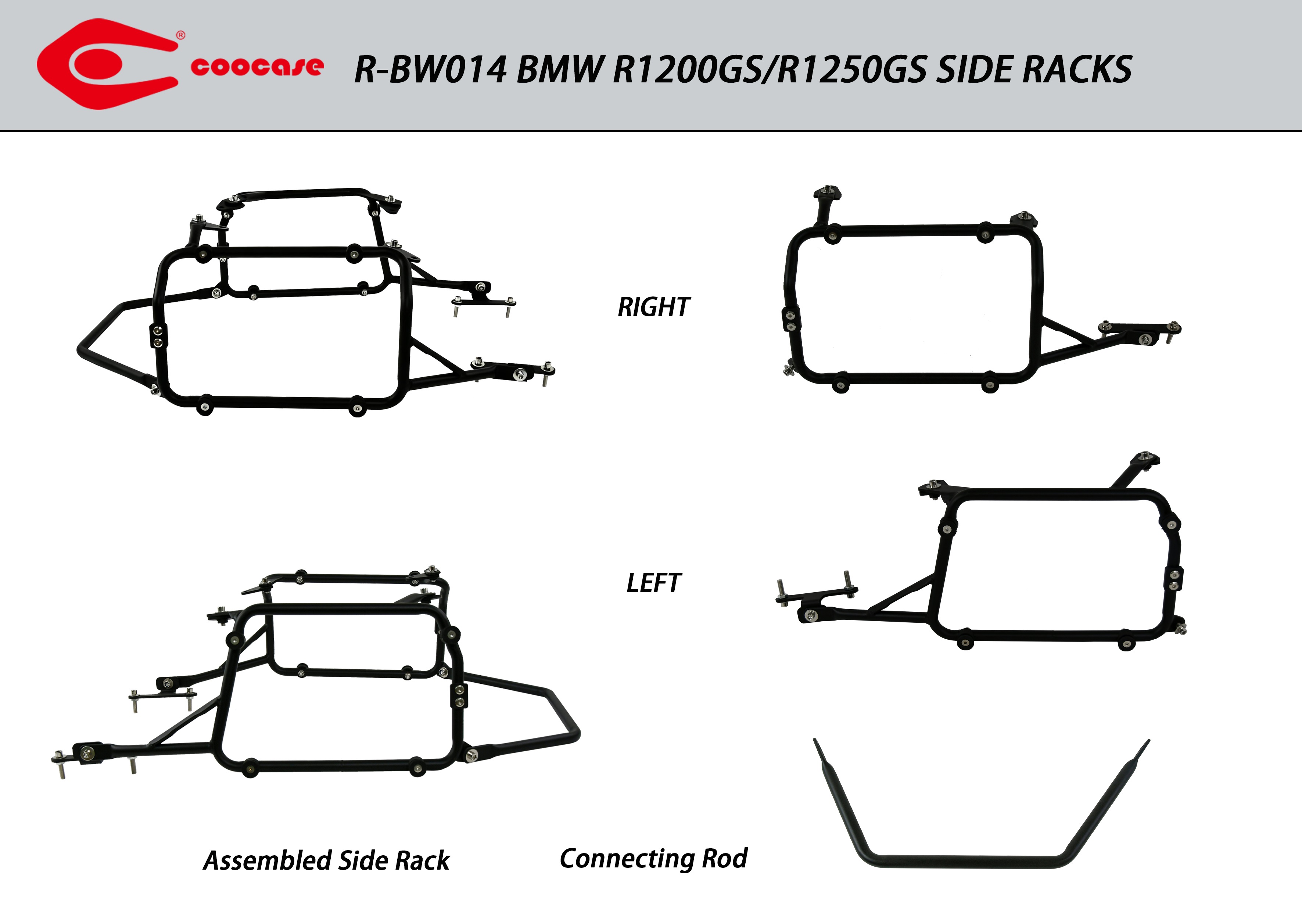ZESTAW STELAŻY KUFER CENTRALNY + BOCZNE COOCASE BMW R1200GS/R1250GS 2010-2023 PRAWY KUFER ASYMETRYCZNY