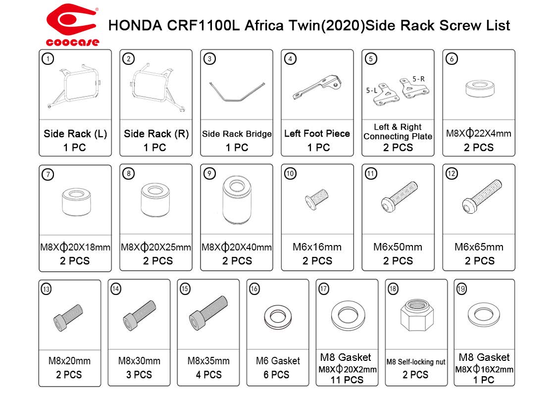 ZESTAW STELAŻY KUFER CENTRALNY + BOCZNE COOCASE HONDA AFRICA TWIN 1100 2020-2025 PRAWY KUFER ASYMETRYCZNY