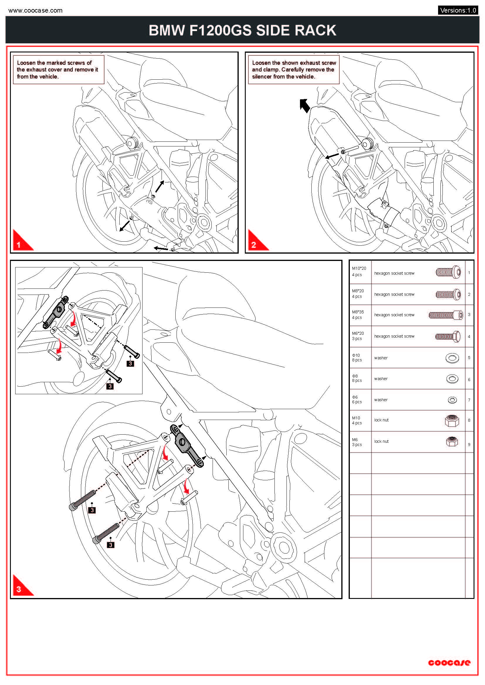 ZESTAW STELAŻY KUFER CENTRALNY + BOCZNE COOCASE BMW R1200GS/R1250GS 2010-2023 PRAWY KUFER ASYMETRYCZNY