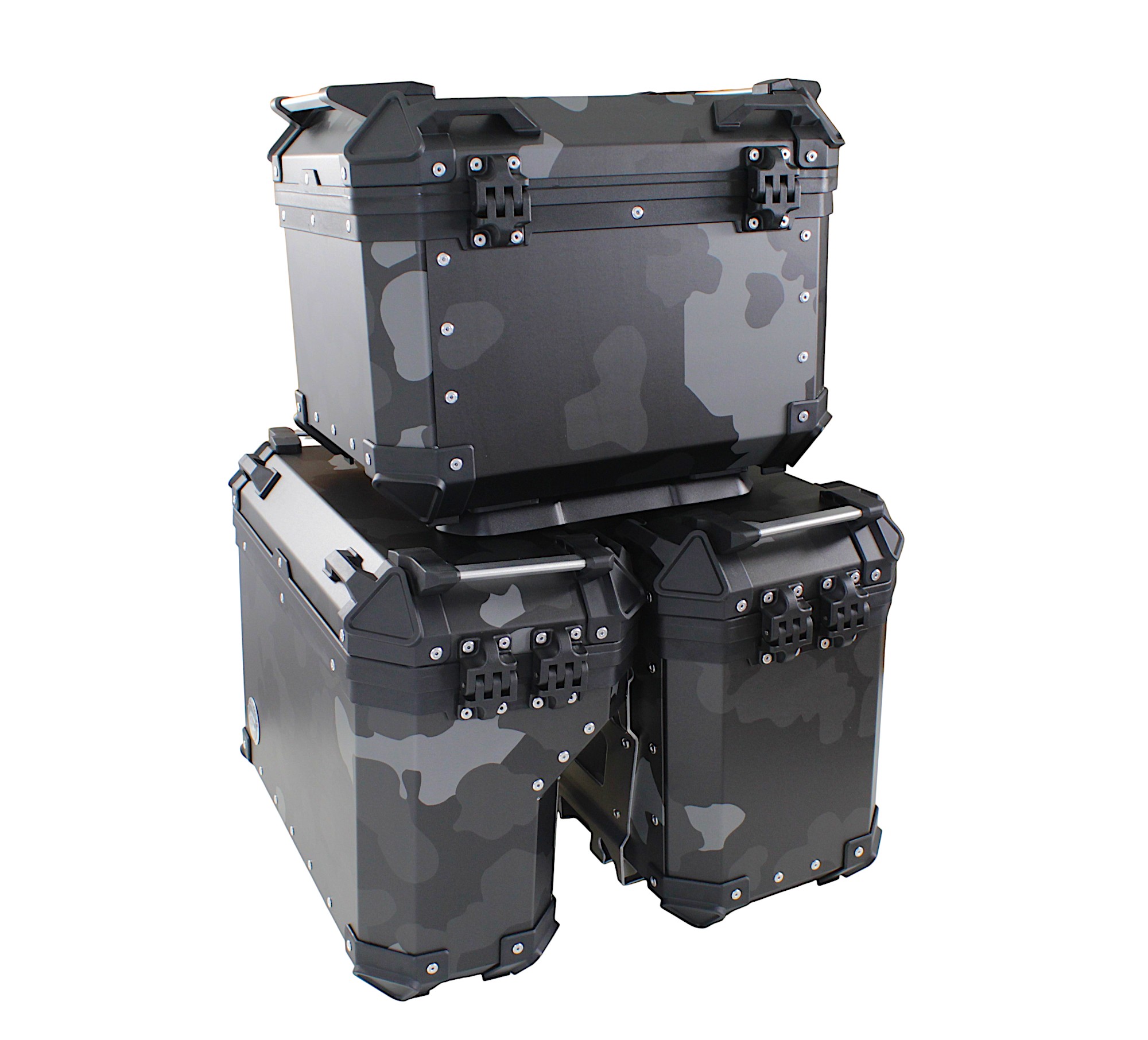 ZESTAW 3 KUFRÓW ALUMINIOWYCH (30L ASYMETRYCZNY + 36L + 45L) COOCASE SZARY CAMO Z TORBĄ WEWNĘTRZNĄ