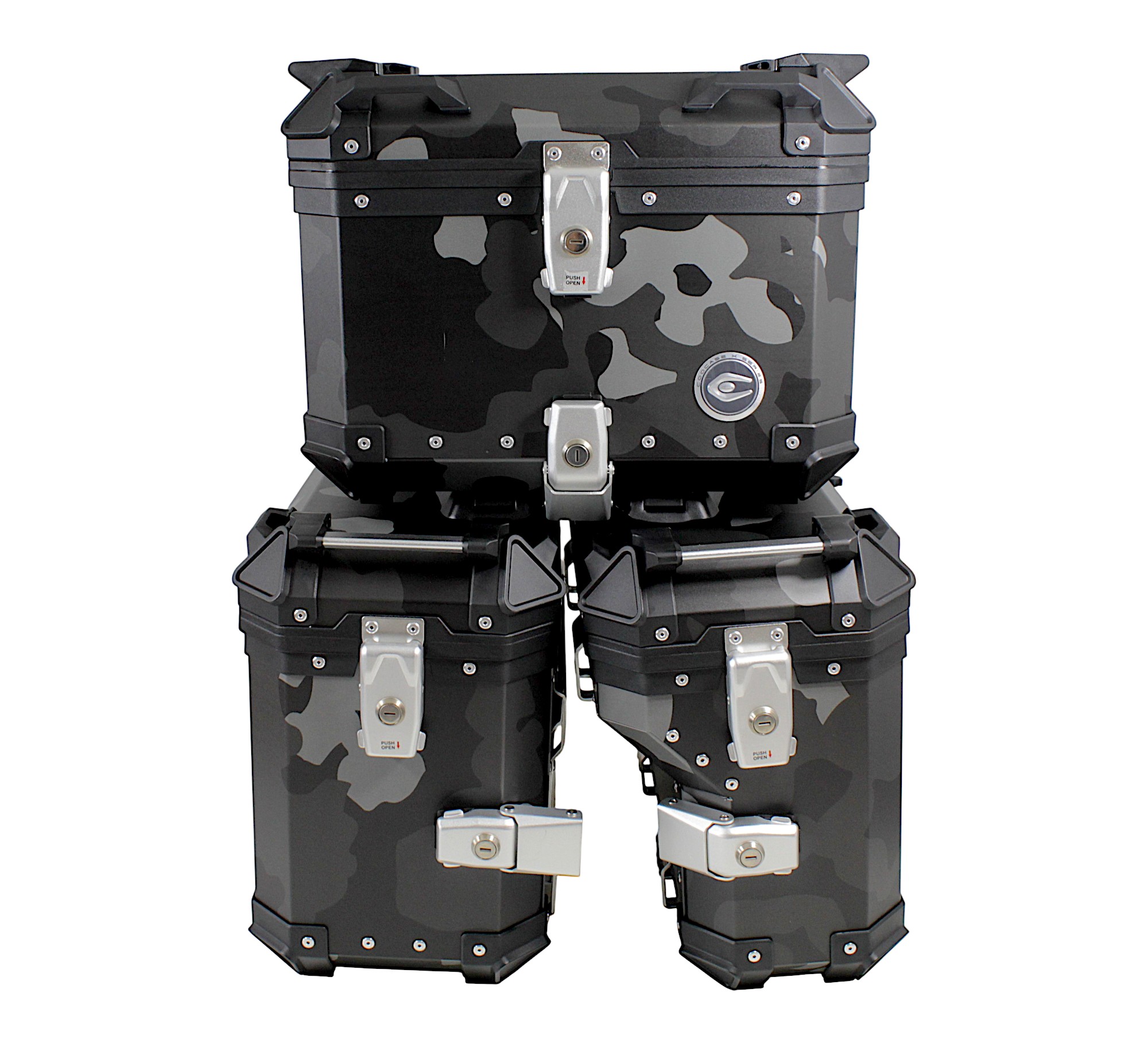 ZESTAW 3 KUFRÓW ALUMINIOWYCH (30L ASYMETRYCZNY + 36L + 45L) COOCASE SZARY CAMO Z TORBĄ WEWNĘTRZNĄ