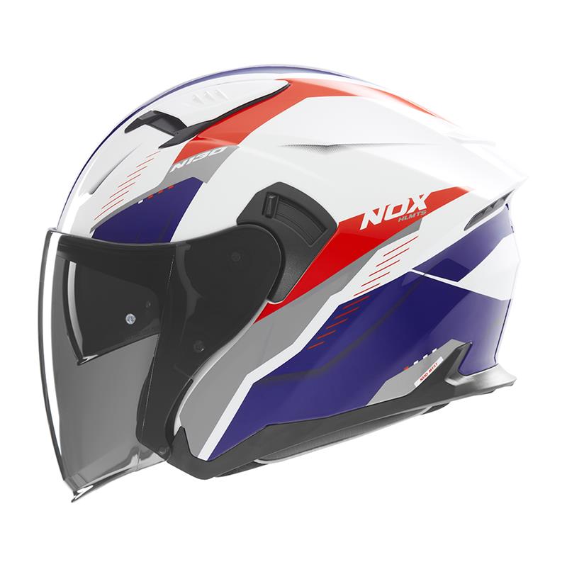 NOX WYPRZEDAŻ KASK OTWARTY JET Z BLENDĄ N130 MYST KOLOR BIAŁY/NIEBIESKI/CZERWONY ROZMIAR L