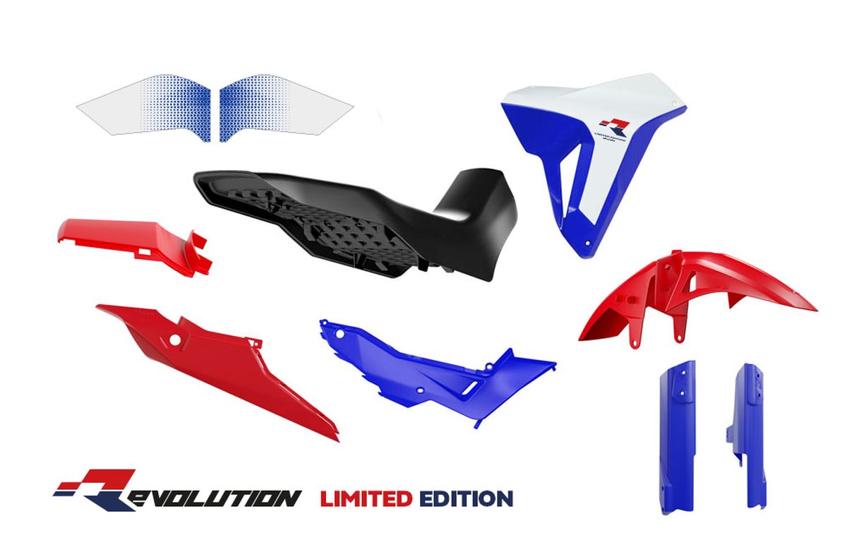RACETECH (RTECH) KOMPLET PLASTIKÓW Z SIEDZENIEM REVOLUTION HONDA XL 750 TRANSALP '23-'25 KOLOR BIAŁY / CZARNY / CZERWONY