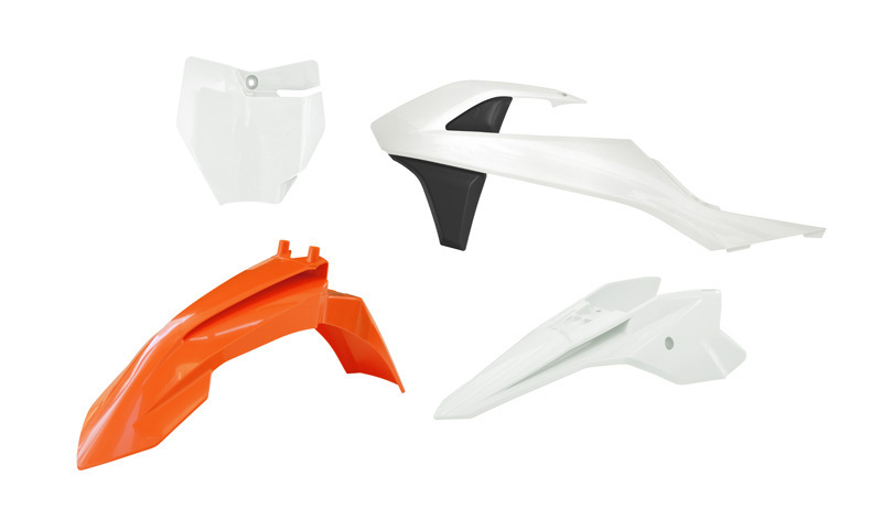 RACETECH (RTECH) KOMPLET PLASTIKÓW KTM SX 50 '16-'23, SX-E 3-5 '20-'24 KOLOR POMARAŃCZOWY / BIAŁY / CZARNY ( OEM '17 )