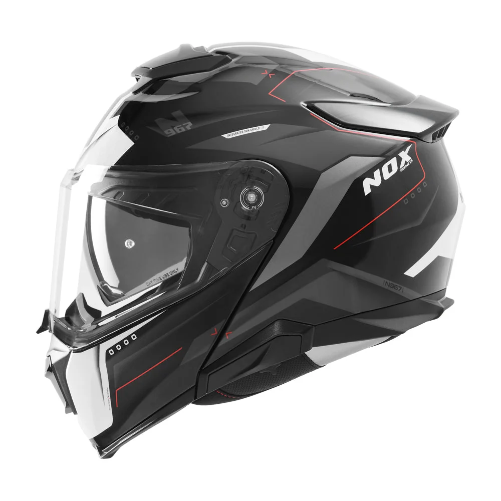 NOX WYPRZEDAŻ KASK SZCZĘKOWY (FLIP-UP) Z BLENDĄ N967 CONQUER KOLOR CZERWONY/BIAŁY/CZARNY (PINLOCK DO TEGO MODELU - FILMPINLOCK70