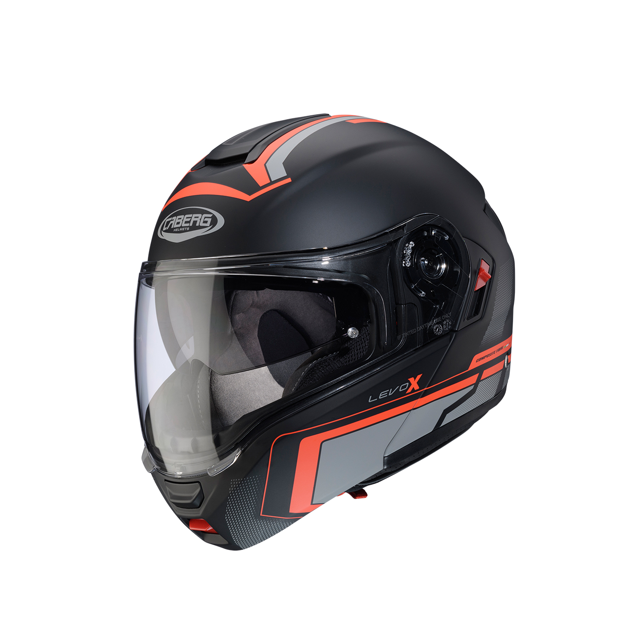 CABERG KASK SZCZĘKOWY FLIP-UP MODEL LEVO X ELITE KOLOR CZARNY MAT/SZARY/CZERWONY FLUO (PINLOCK W ZESTAWIE)
