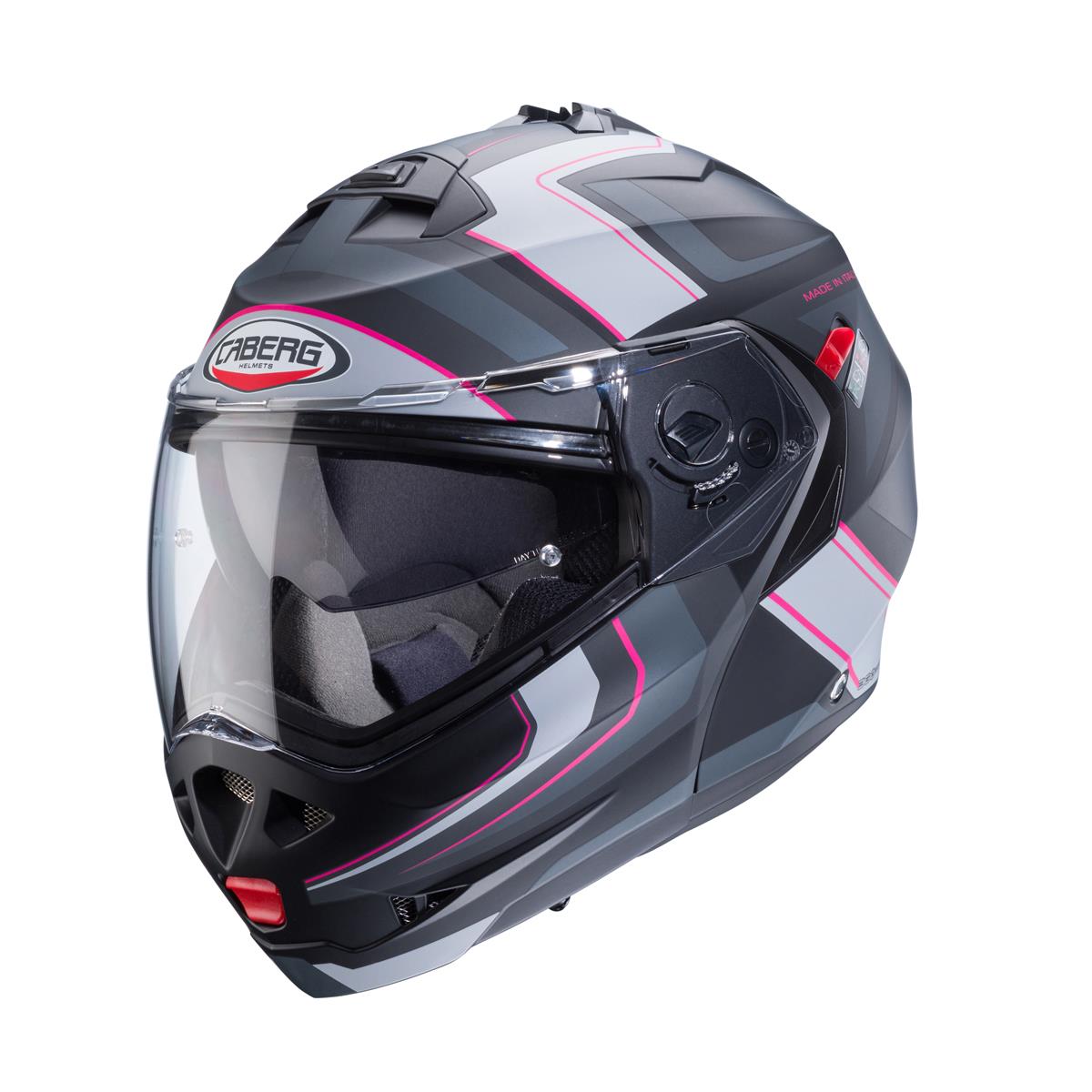 CABERG WYPRZEDAZ KASK SZCZĘKOWY FLIP-UP MODEL DUKE X KOLOR CZARNY MAT/SZARY/SREBRNY/FUKSJA (INTENSYWNY ODCIEŃ RÓŻOWEGO) (PINLOCK