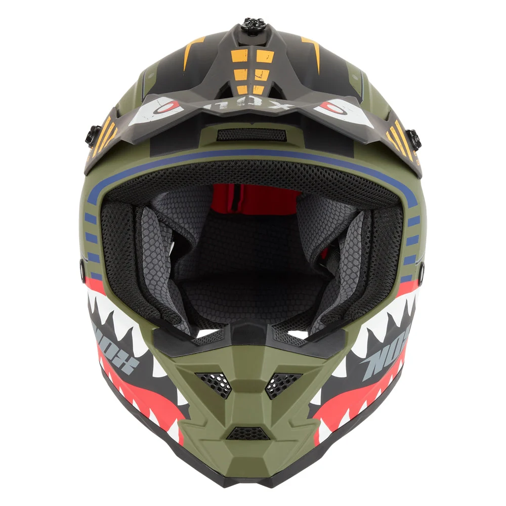 NOX KASK CROSS / OFFROAD N761 FIGHTER KID / JUNIOR (DZIECIĘCY) KOLOR ZIELONY (KHAKI) MAT/BIAŁY/CZARNY (ZAPIĘCIE MIKROMETRYCZNE)