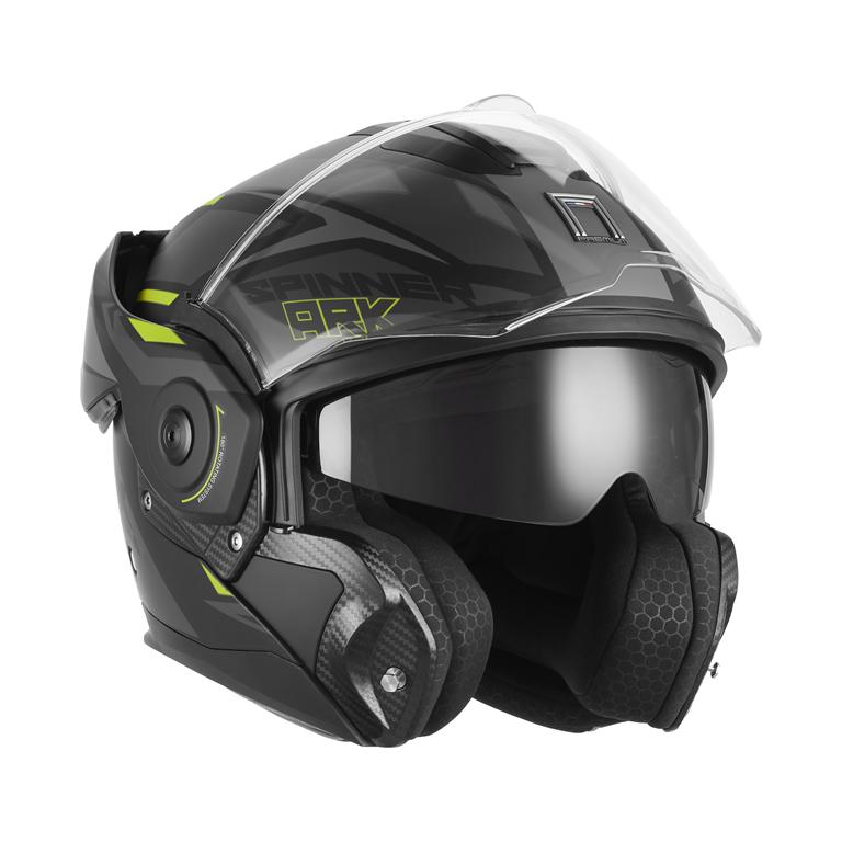 NOX PREMIUM KASK SZCZĘKOWY FLIP-BACK (SZCZĘKA DO TYŁU) Z BLENDĄ SPINNER ARK KOLOR CZARNY MAT/ŻÓLTY FLUO ROZMIAR L
