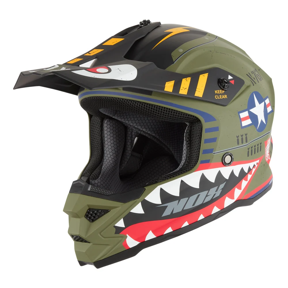 NOX KASK CROSS / OFFROAD N761 FIGHTER KID / JUNIOR (DZIECIĘCY) KOLOR ZIELONY (KHAKI) MAT/BIAŁY/CZARNY (ZAPIĘCIE MIKROMETRYCZNE)