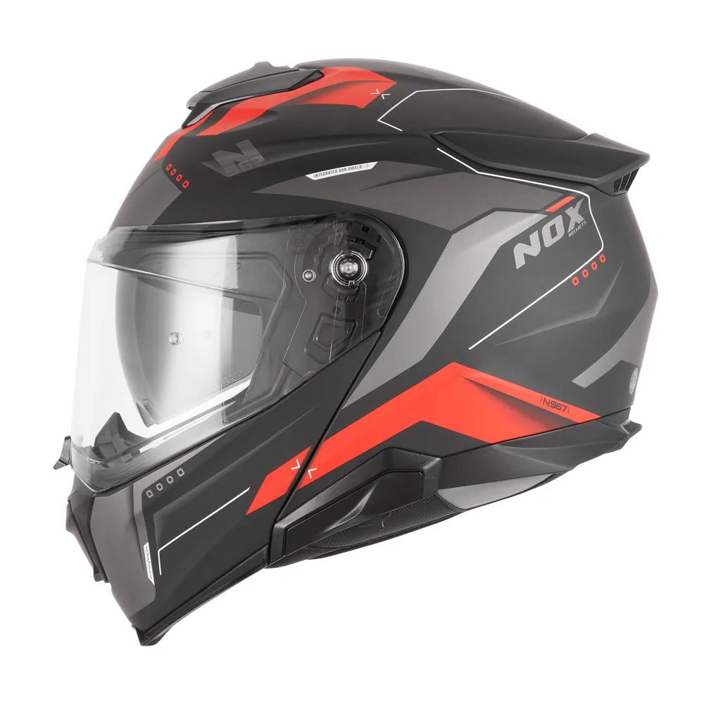 NOX WYPRZEDAŻ KASK SZCZĘKOWY (FLIP-UP) Z BLENDĄ N967 CONQUER KOLOR CZARNY MAT/CZERWONY (PINLOCK DO TEGO MODELU - FILMPINLOCK70DK