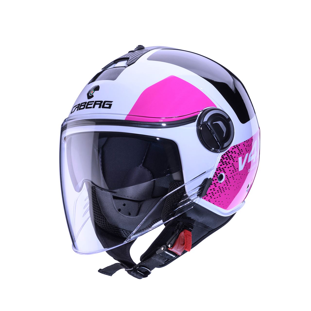 CABERG KASK OTWARTY JET Z BLENDĄ MODEL RIVIERA V4X ALPHA KOLOR BIAŁY/CZARNY/FUKSJA (INTENSYWNY ODCIEŃ RÓŻOWEGO)