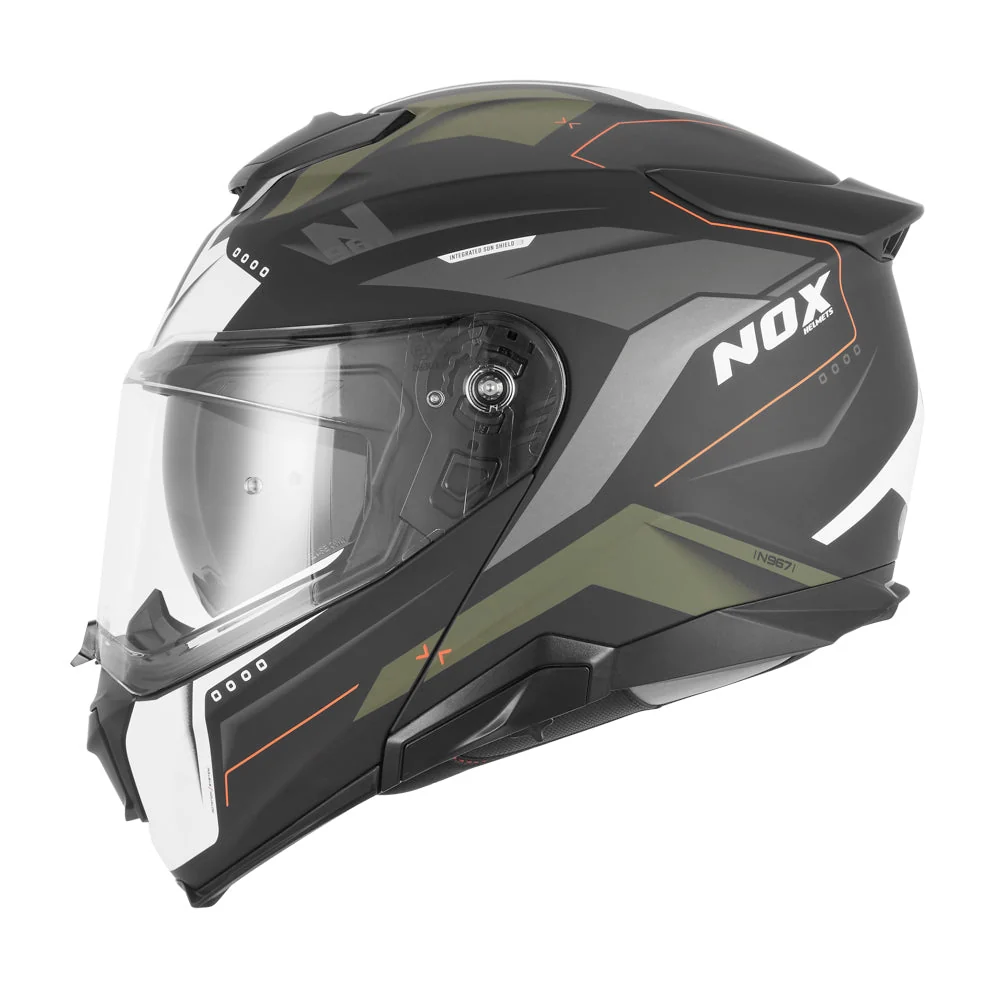 NOX WYPRZEDAŻ KASK SZCZĘKOWY (FLIP-UP) Z BLENDĄ N967 CONQUER KOLOR POMARAŃCZOWY MAT/ZIELONY (KHAKI) (PINLOCK DO TEGO MODELU - FI