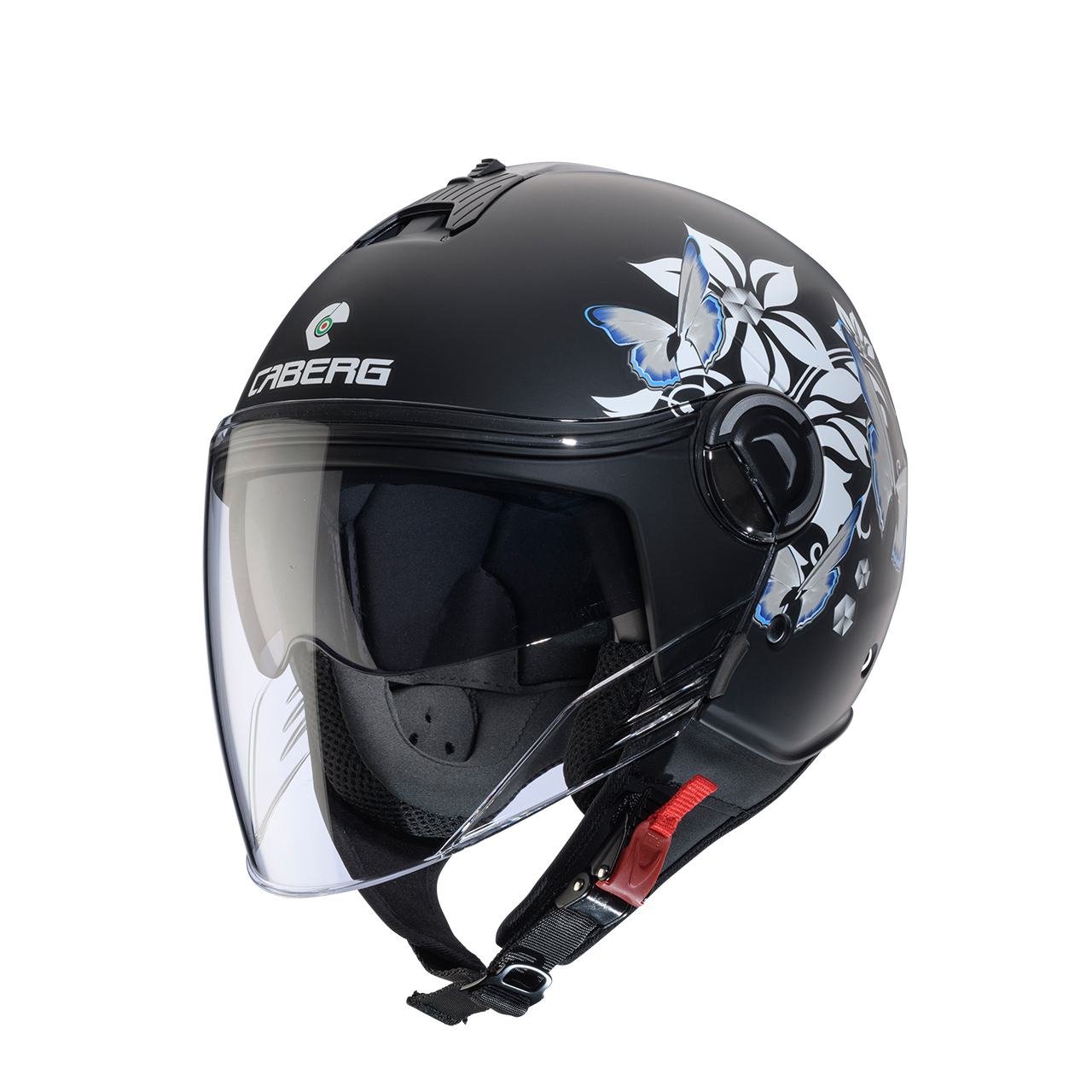 CABERG KASK OTWARTY JET Z BLENDĄ MODEL RIVIERA V4X MIA KOLOR CZARNY MAT/BIAŁY/SZARY (KWIATY / MOTYLE)