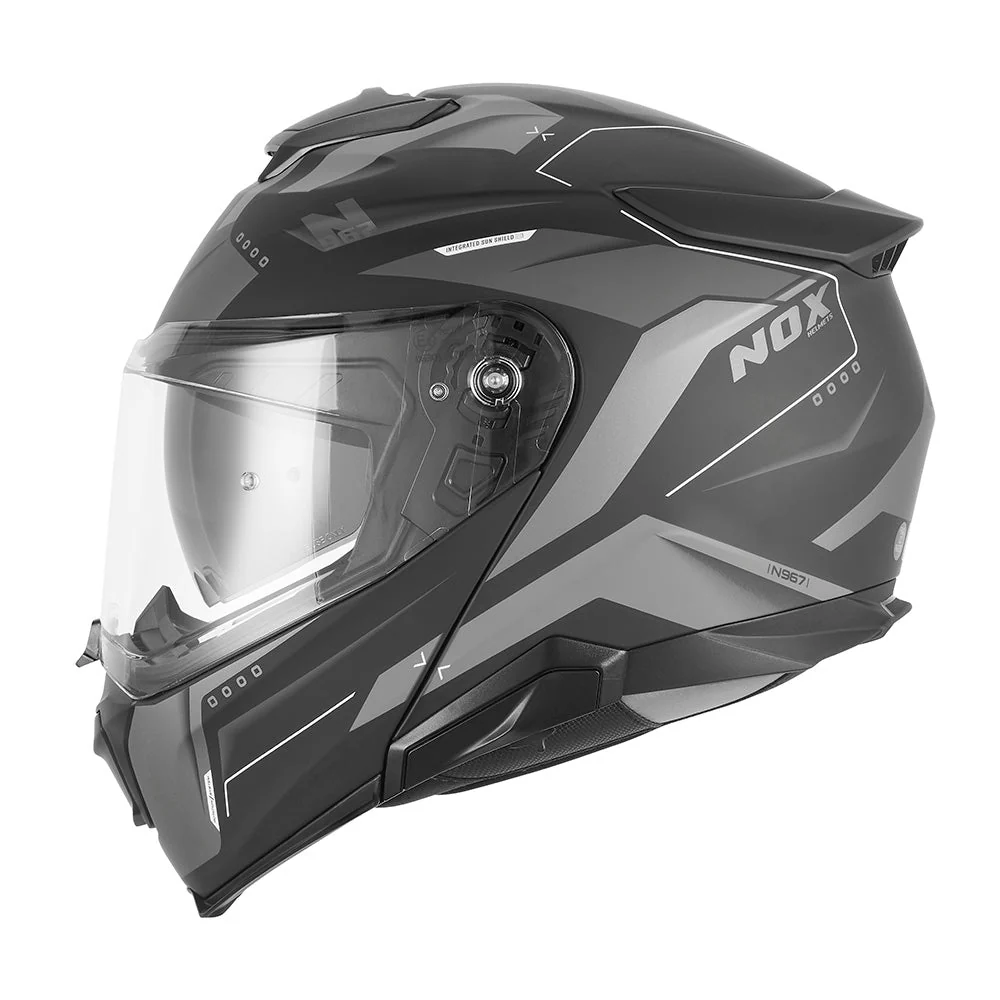 NOX WYPRZEDAŻ KASK SZCZĘKOWY (FLIP-UP) Z BLENDĄ N967 CONQUER KOLOR CZARNY MAT/SREBRNY (PINLOCK DO TEGO MODELU - FILMPINLOCK70DKS