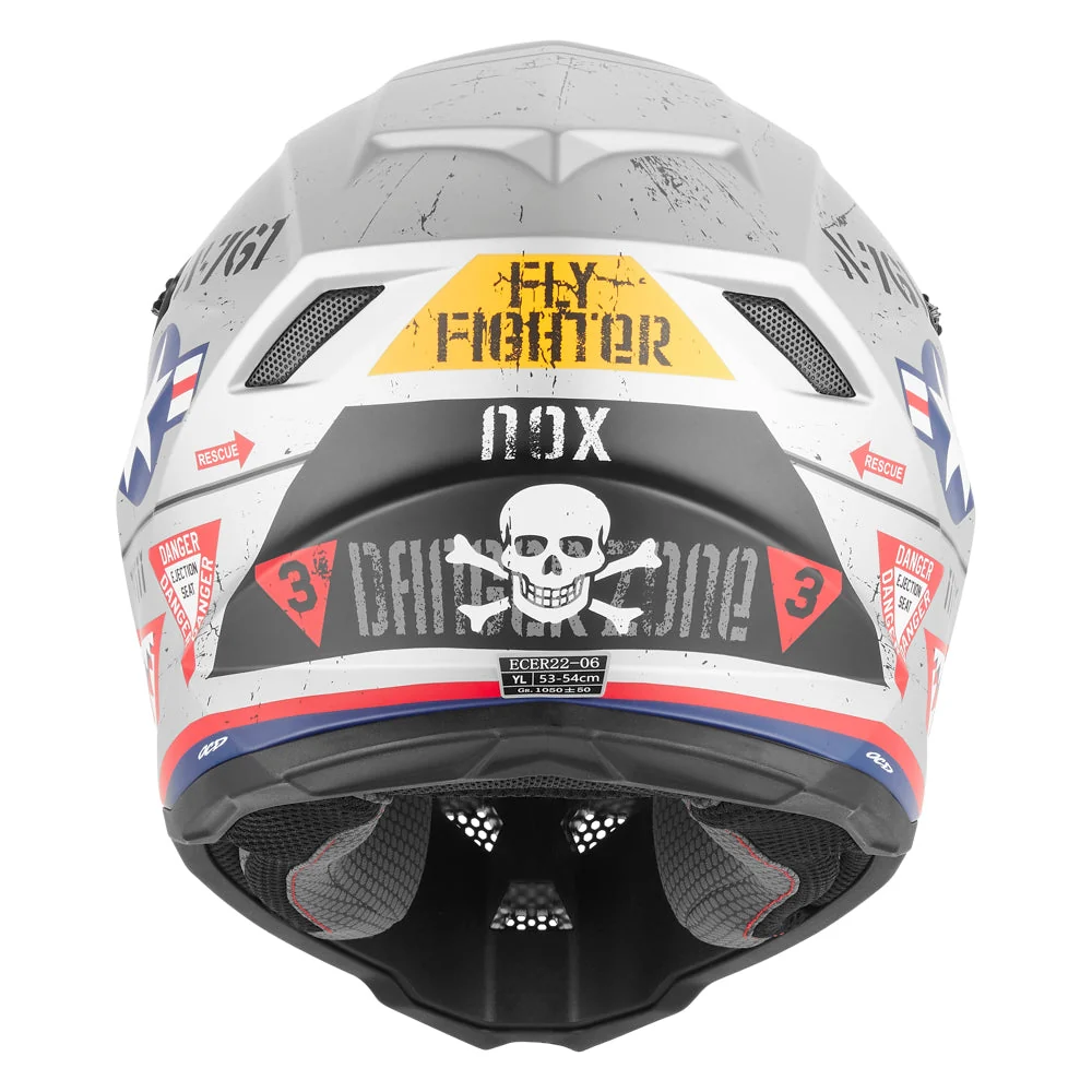 NOX KASK CROSS / OFFROAD N761 FIGHTER KID / JUNIOR (DZIECIĘCY) KOLOR SREBRNY MAT/CZERWONY/CZARNY (ZAPIĘCIE MIKROMETRYCZNE)