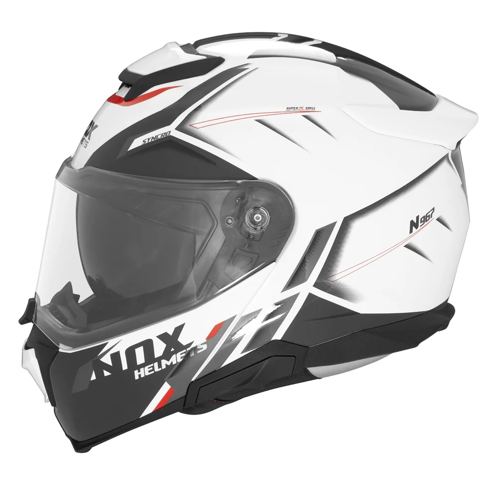 NOX WYPRZEDAŻ KASK SZCZĘKOWY (FLIP-UP) Z BLENDĄ N967 SYNCHRO KOLOR BIAŁY/CZERWONY (PINLOCK DO TEGO MODELU - FILMPINLOCK30DKS166)