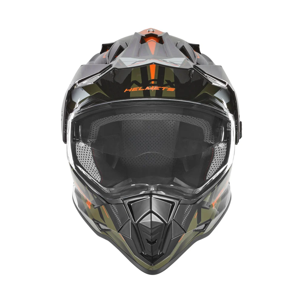 NOX WYPRZEDAŻ KASK OFFROAD / TRAIL DUOSPORT (DUAL) N312 TRACK Z SZYBKĄ I BLENDĄ KOLOR POMARAŃCZOWY/ZIELONY (KHAKI)