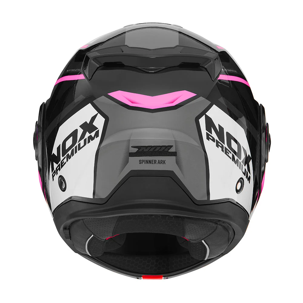 NOX PREMIUM KASK SZCZĘKOWY FLIP-BACK (SZCZĘKA DO TYŁU) Z BLENDĄ SPINNER ARK KOLOR CZARNY/BIAŁY/RÓŻOWY