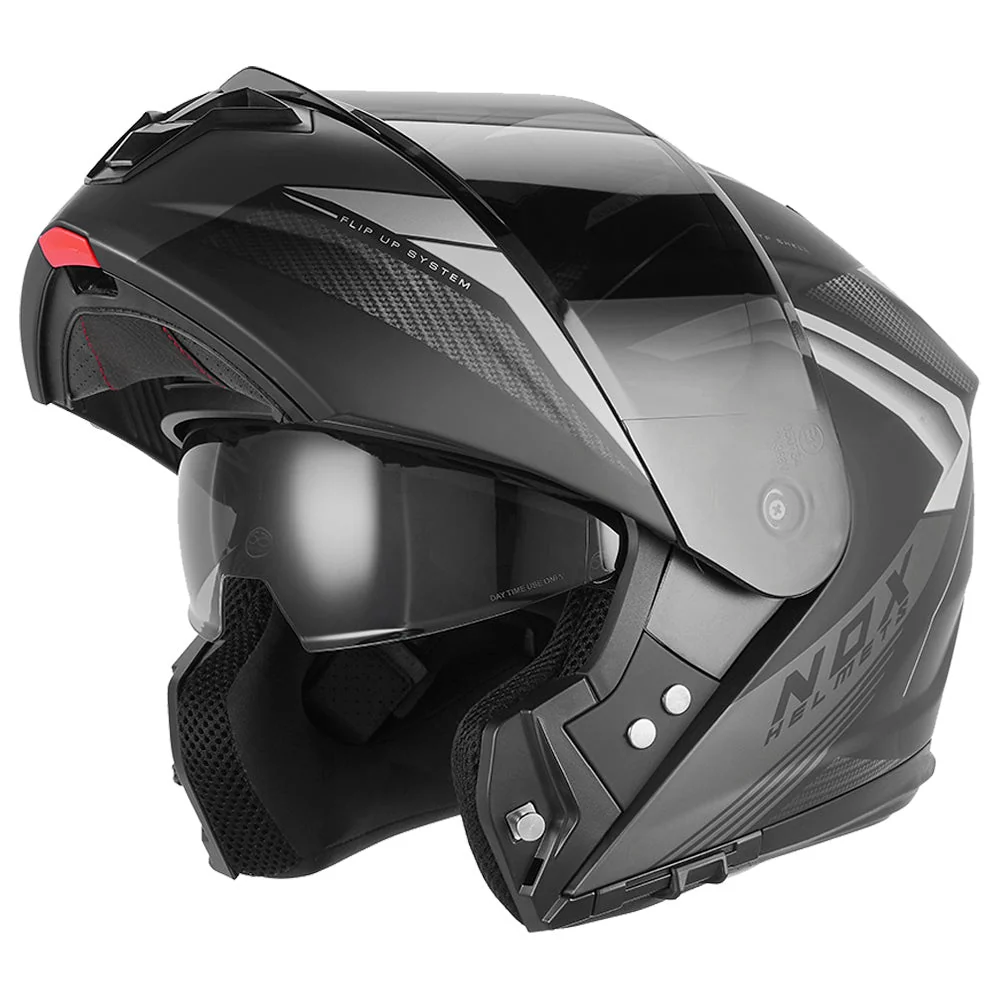 NOX WYPRZEDAŻ KASK SZCZĘKOWY (FLIP-UP) Z BLENDĄ N968 SHIFT KOLOR CZARNY/SREBRNY MAT