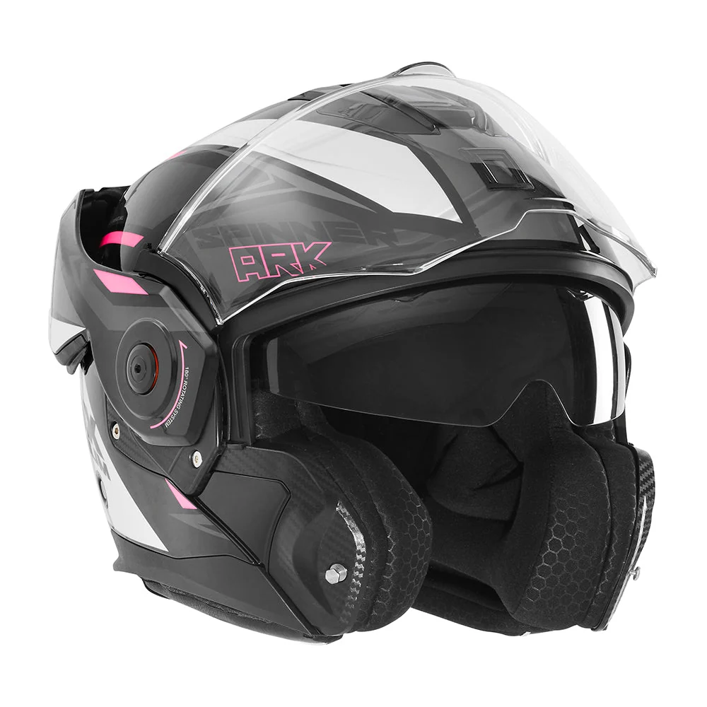 NOX PREMIUM KASK SZCZĘKOWY FLIP-BACK (SZCZĘKA DO TYŁU) Z BLENDĄ SPINNER ARK KOLOR CZARNY/BIAŁY/RÓŻOWY