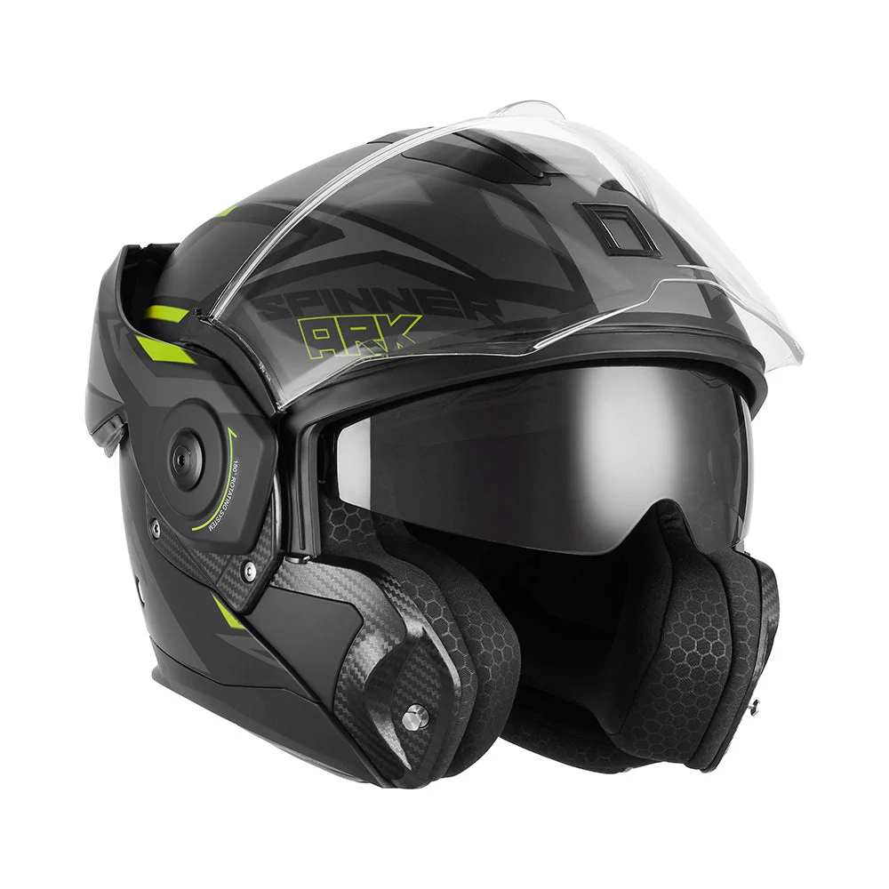 NOX PREMIUM KASK SZCZĘKOWY FLIP-BACK (SZCZĘKA DO TYŁU) Z BLENDĄ SPINNER ARK KOLOR CZARNY MAT/ŻÓLTY FLUO