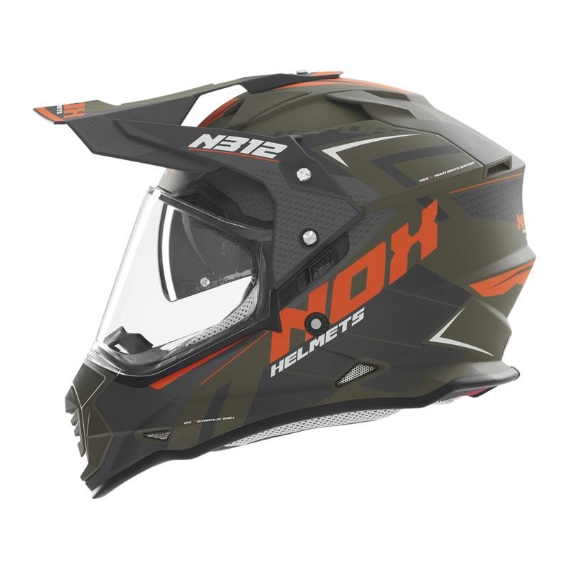 NOX WYPRZEDAŻ KASK OFFROAD / TRAIL DUOSPORT (DUAL) N312 VAPOR Z SZYBKĄ I BLENDĄ KOLOR POMARAŃCZOWY/KHAKI/SZARY MAT ROZMIAR XS
