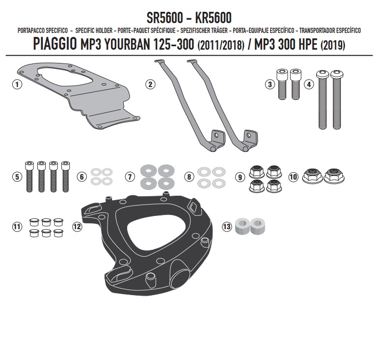 KAPPA STELAŻ KUFRA CENTRALNEGO PIAGGIO MP3 YOURBAN 125/300, HPE 300 '11-'24 (Z PŁYTĄ MONOKEY)
