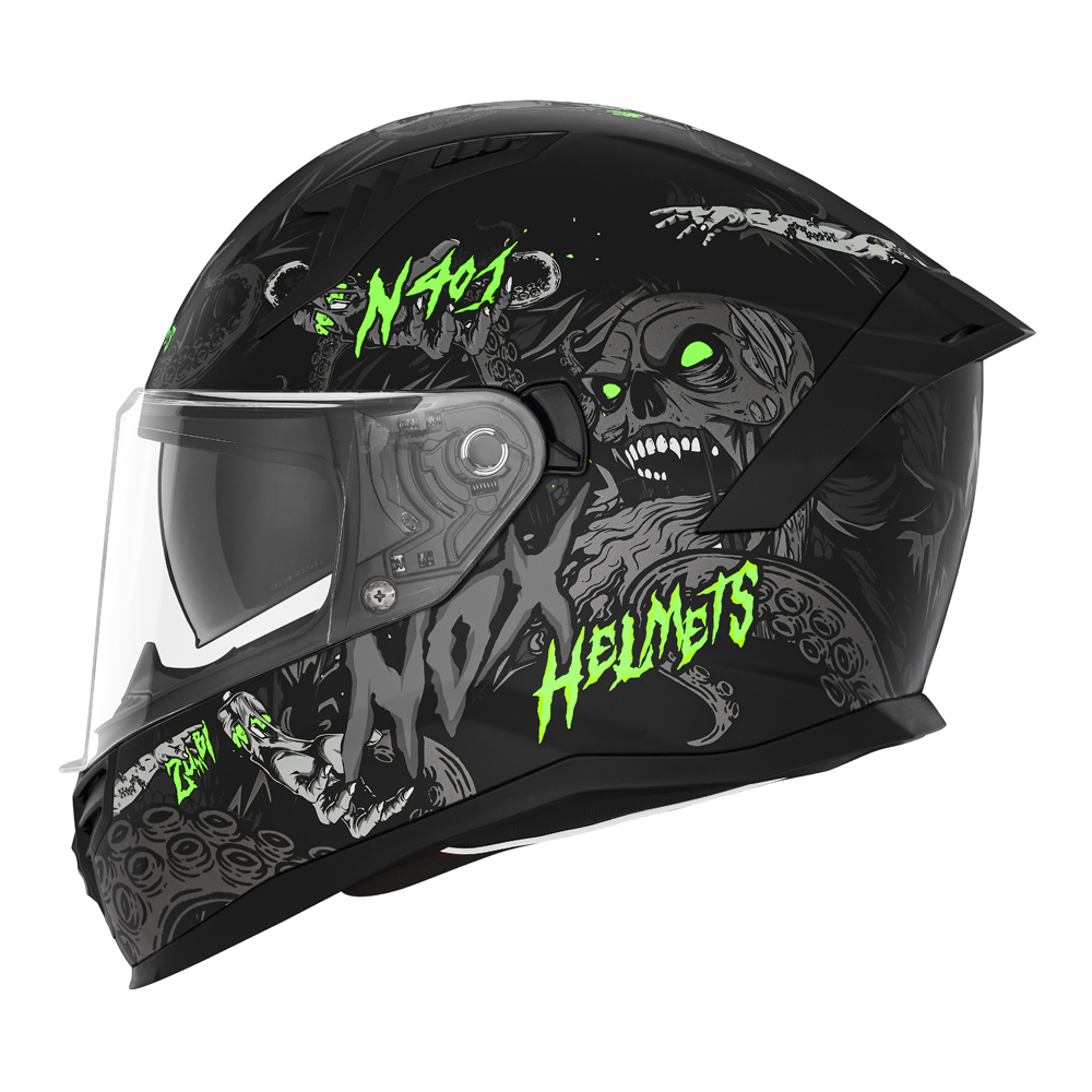 NOX WYPRZEDAŻ KASK INTEGRALNY (FULL FACE) Z BLENDĄ N401 ZUMBI KOLOR CZARNY/ZIELONY FLUO MAT ROZMIAR XXL