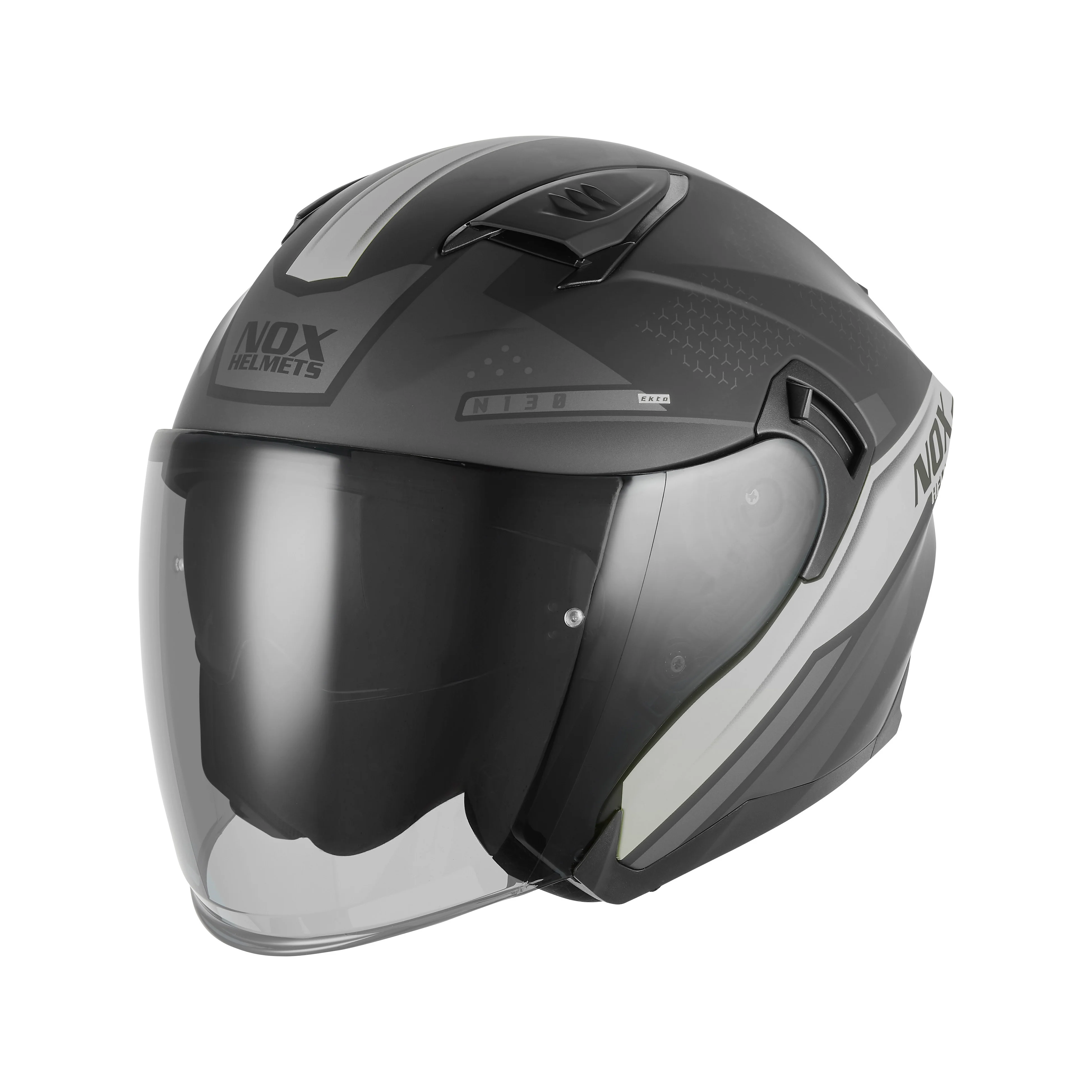 NOX WYPRZEDAZ KASK OTWARTY JET Z BLENDĄ N130 EKTO KOLOR SREBRNY/CZARNY MAT