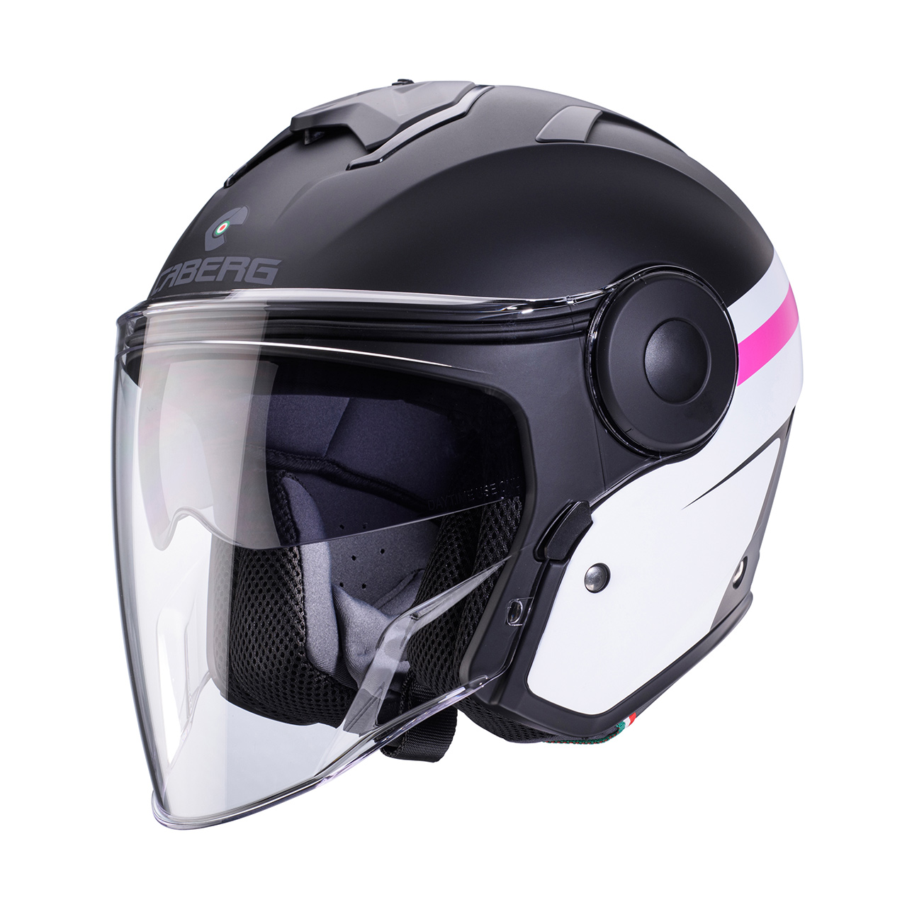 CABERG KASK OTWARTY JET Z BLENDĄ MODEL SOHO ZEPHYR KOLOR CZARNY MAT/BIAŁY/FUKSJA (INTENSYWNY ODCIEŃ RÓŻOWEGO)