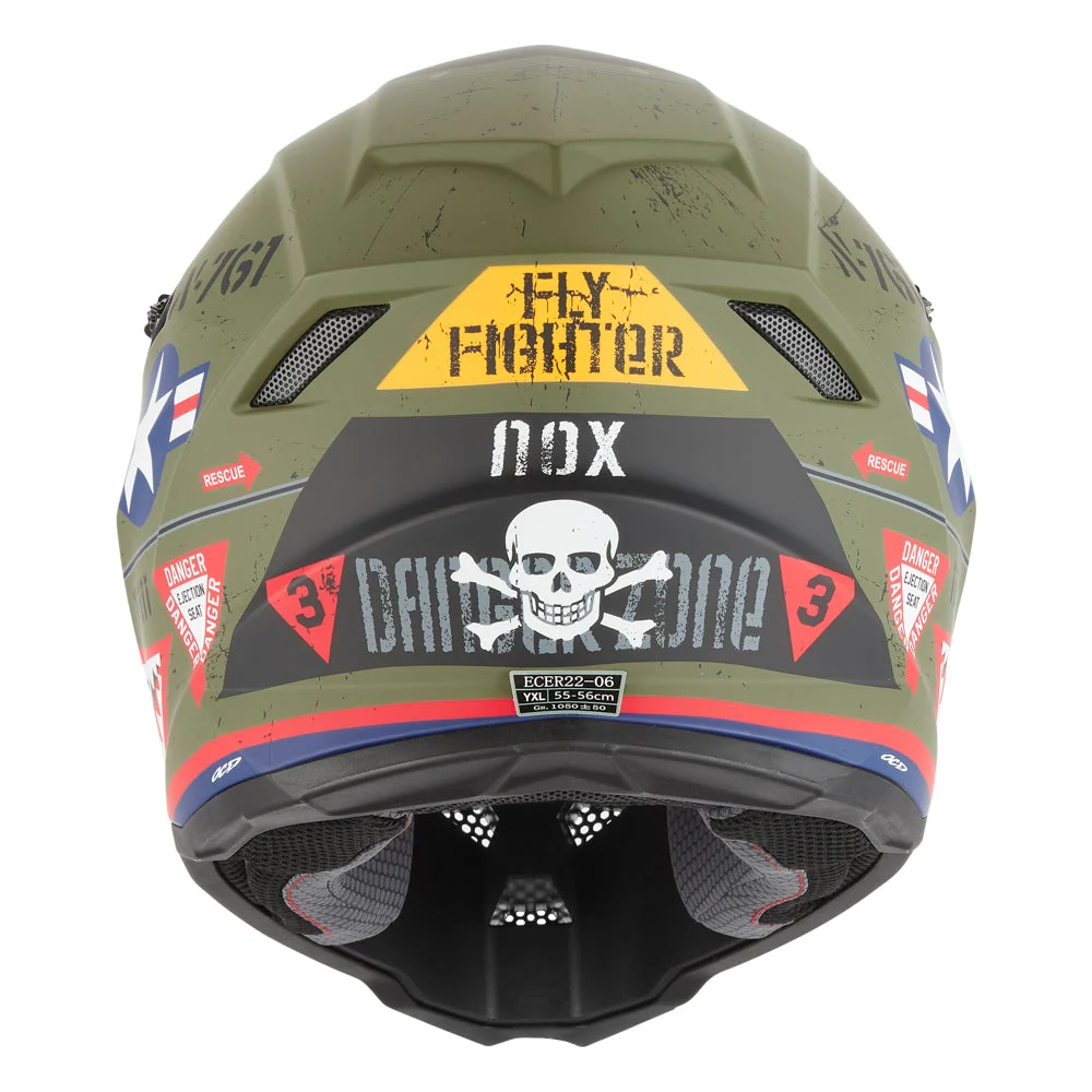 NOX KASK CROSS / OFFROAD N761 FIGHTER KID / JUNIOR (DZIECIĘCY) KOLOR ZIELONY (KHAKI) MAT/BIAŁY/CZARNY (ZAPIĘCIE MIKROMETRYCZNE)
