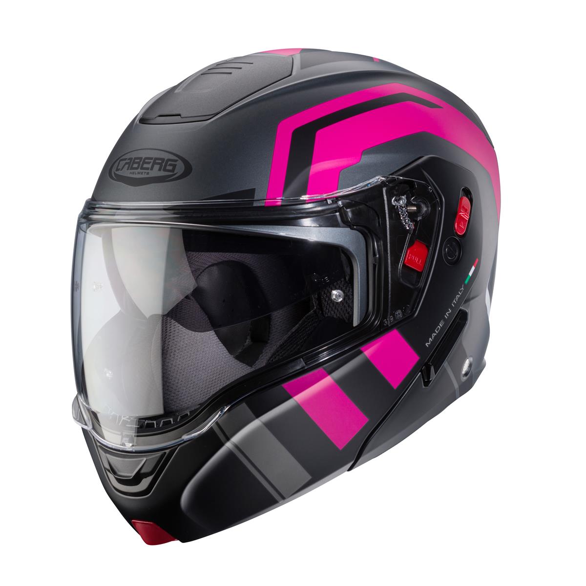 CABERG PROMOCJA KASK SZCZĘKOWY FLIP-UP MODEL HORUS X ROAD KOLOR SZARY MAT/CZARNY/FUKSJA (INTENSYWNY ODCIEŃ RÓŻOWEGO) (PINLOCK W 