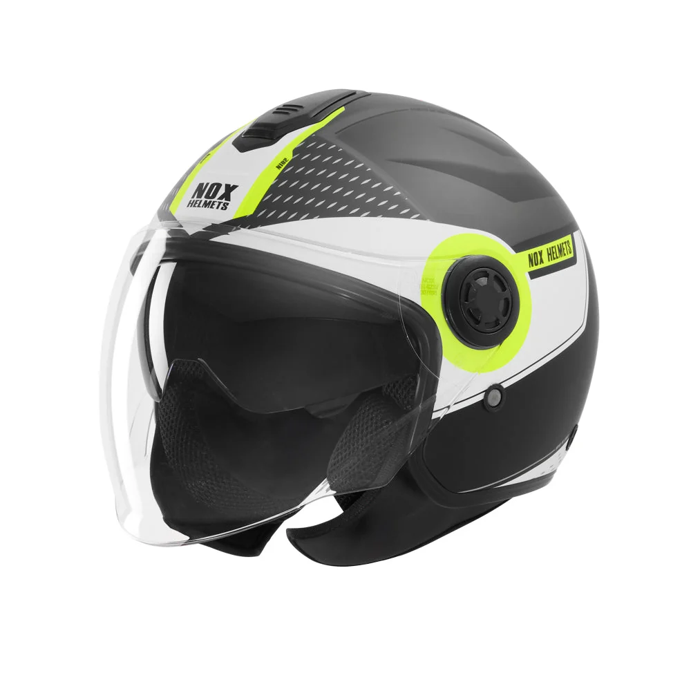 NOX WYPRZEDAŻ KASK OTWARTY JET Z BLENDĄ N182 ROUND KOLOR CZARNY MAT/ŻÓŁTY FLUO